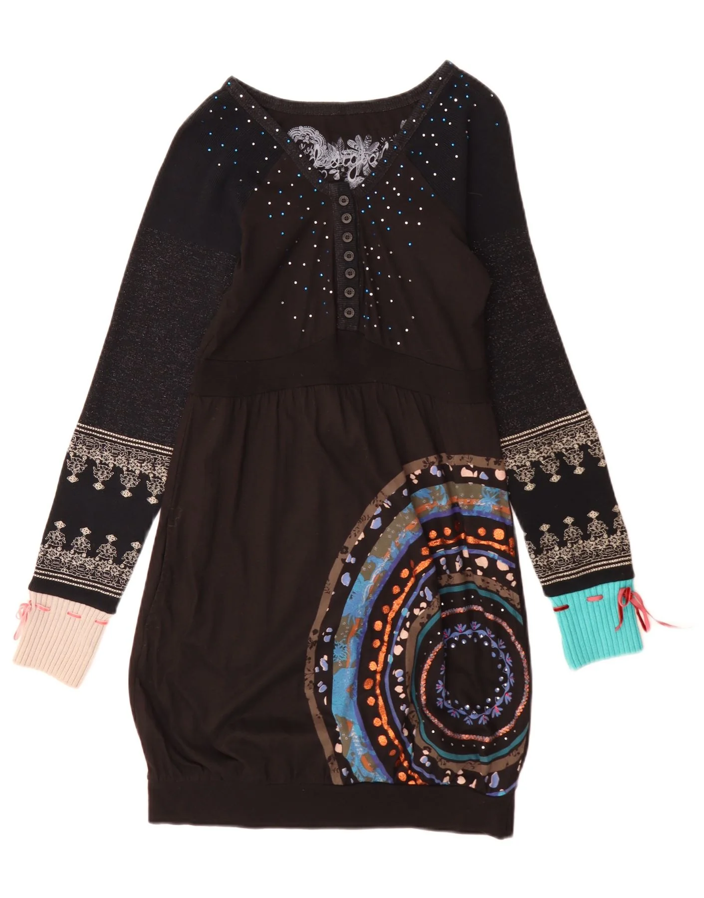 Desigual Womens Long Sleeve Bubble Dress UK 12 Medium Black Geometric