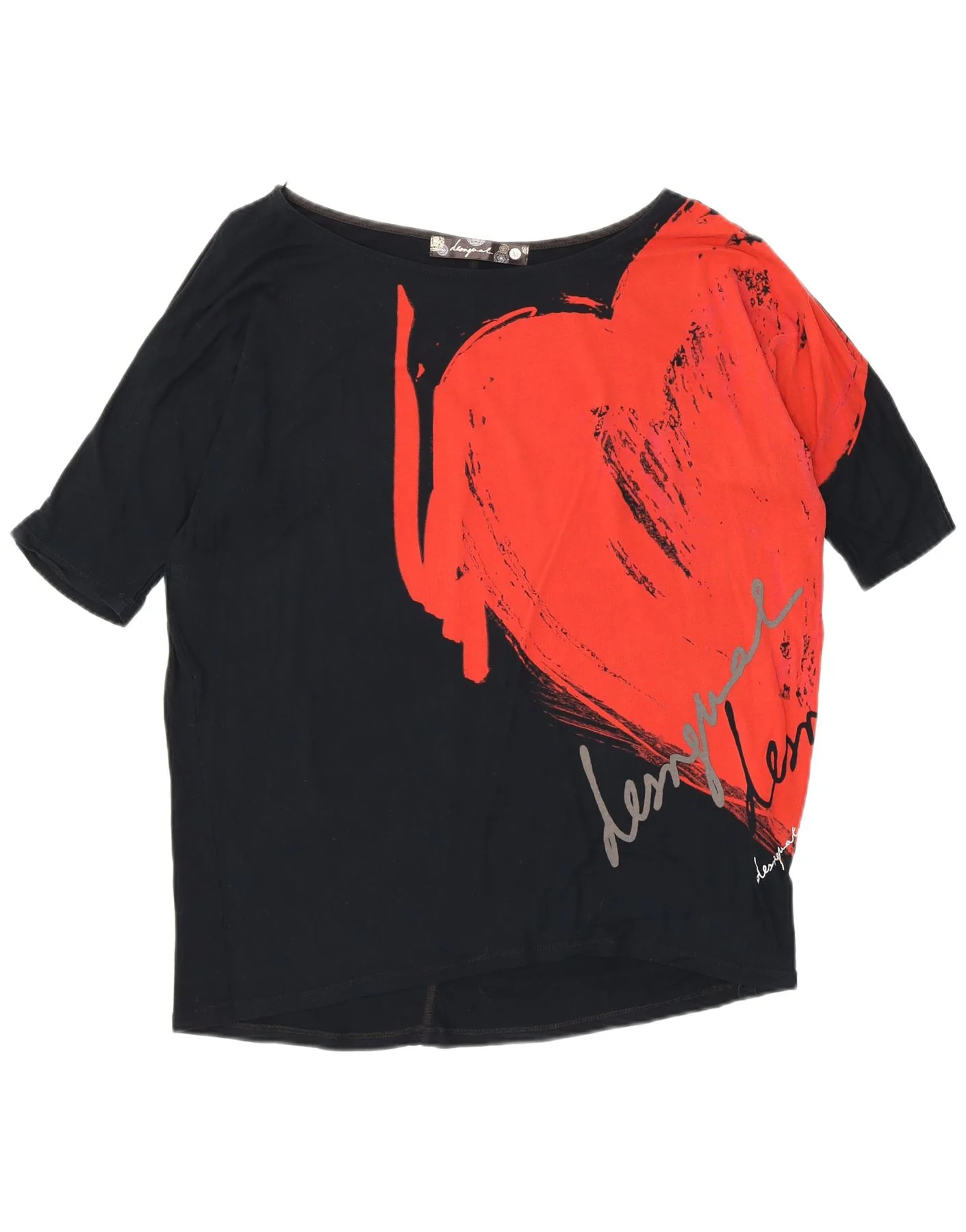 Desigual Womens Loose Fit Graphic Top 3/4 Sleeve UK 14 Medium Black Cotton