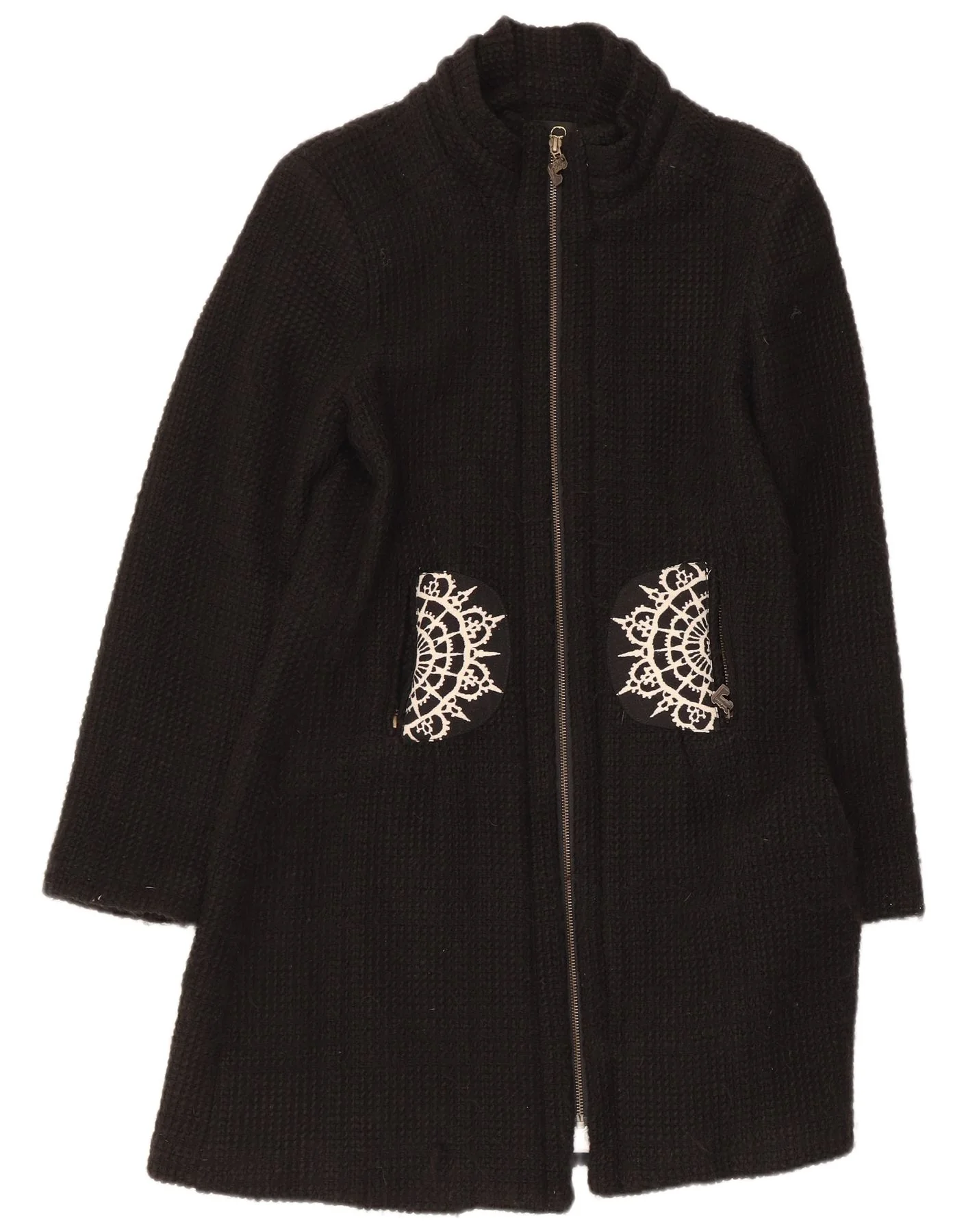 Desigual Womens Overcoat EU 42 Large Black Paisley Acrylic
