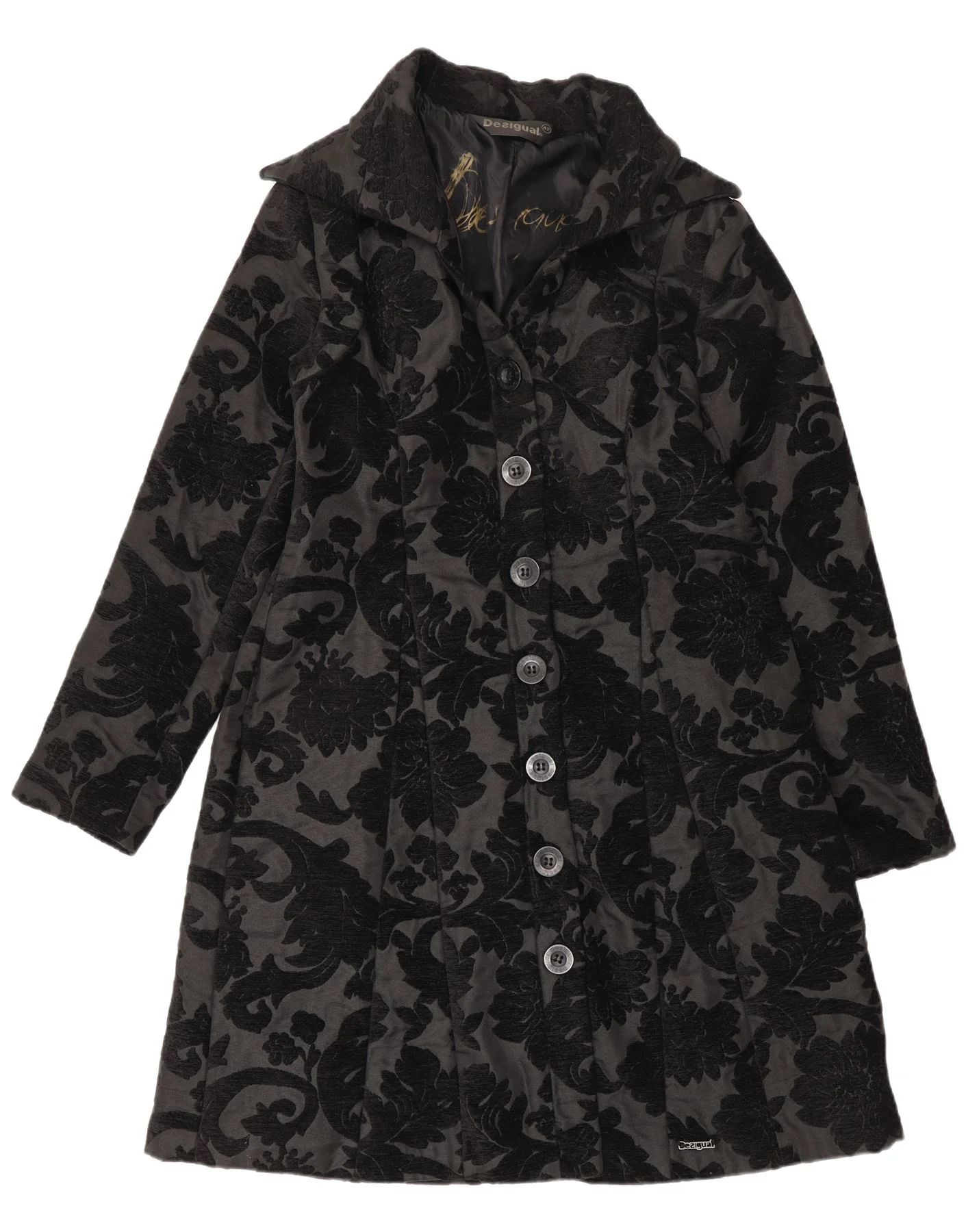 Desigual Womens Regular Fit Overcoat EU 42 Large Black Floral Modern
