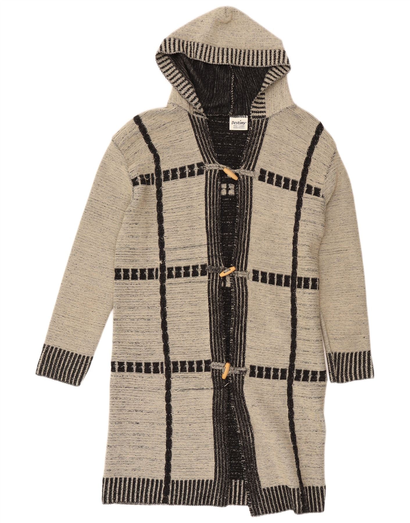 Destiny Womens Longline Hooded Cardigan Sweater UK 14 Large Grey Check