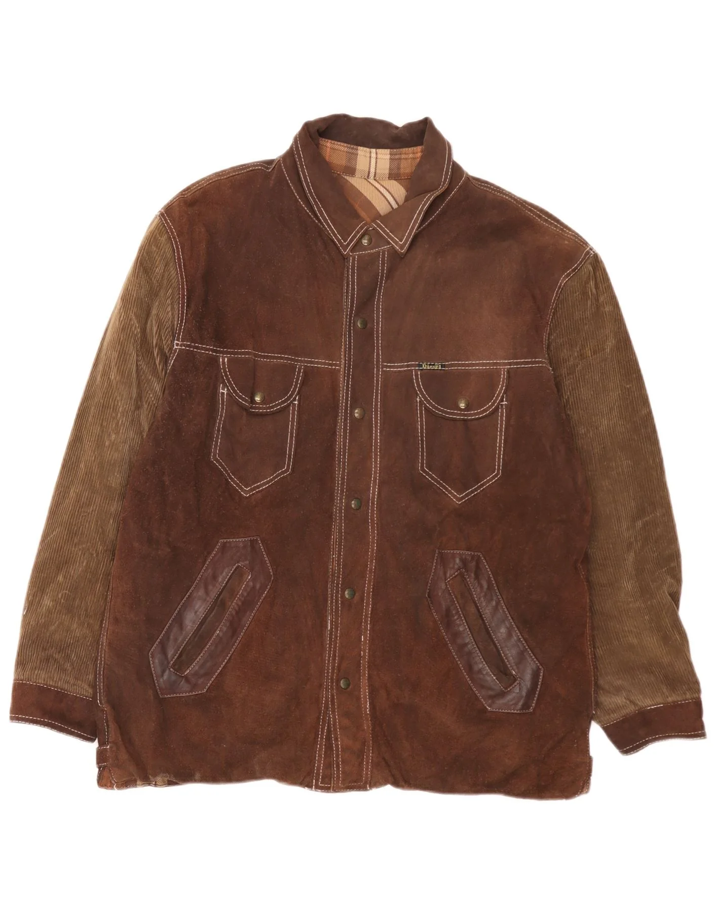 Diesel Mens Reversible Jacket UK 40 Large Brown Plaid Leather