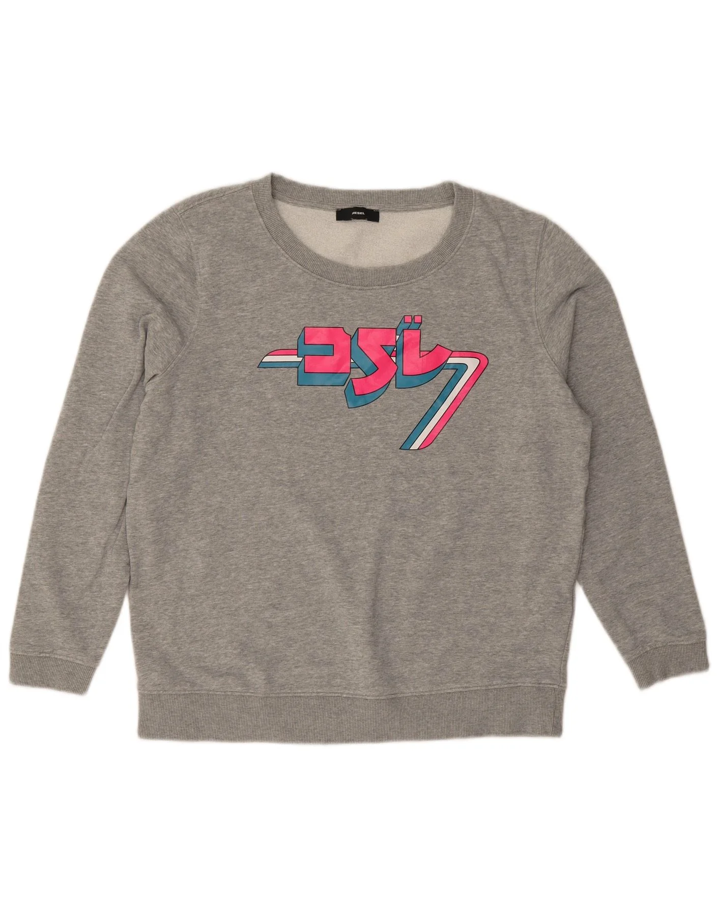 Diesel Womens Graphic Sweatshirt Jumper UK 16 Large Grey Flecked Cotton