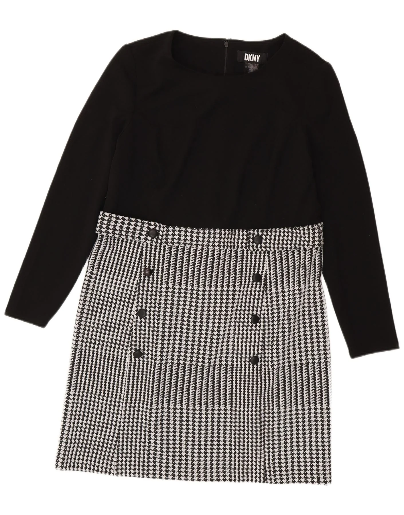 Dkny Womens Long Sleeve Sheath Dress US 14 XL Black Houndstooth Classic