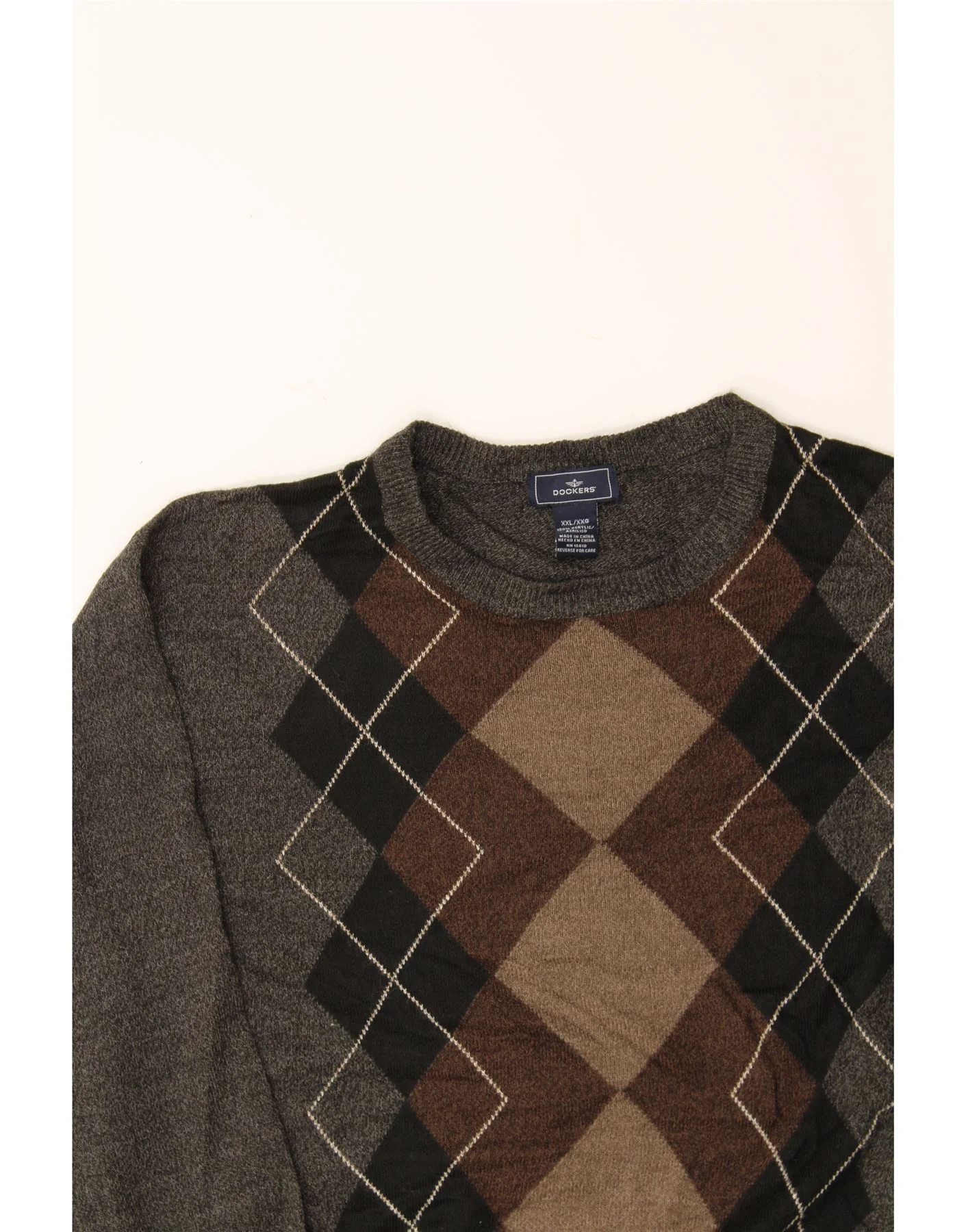 DOCKERS Mens Crew Neck Jumper Sweater 2XL Grey Argyle/Diamond Acrylic - Image 3