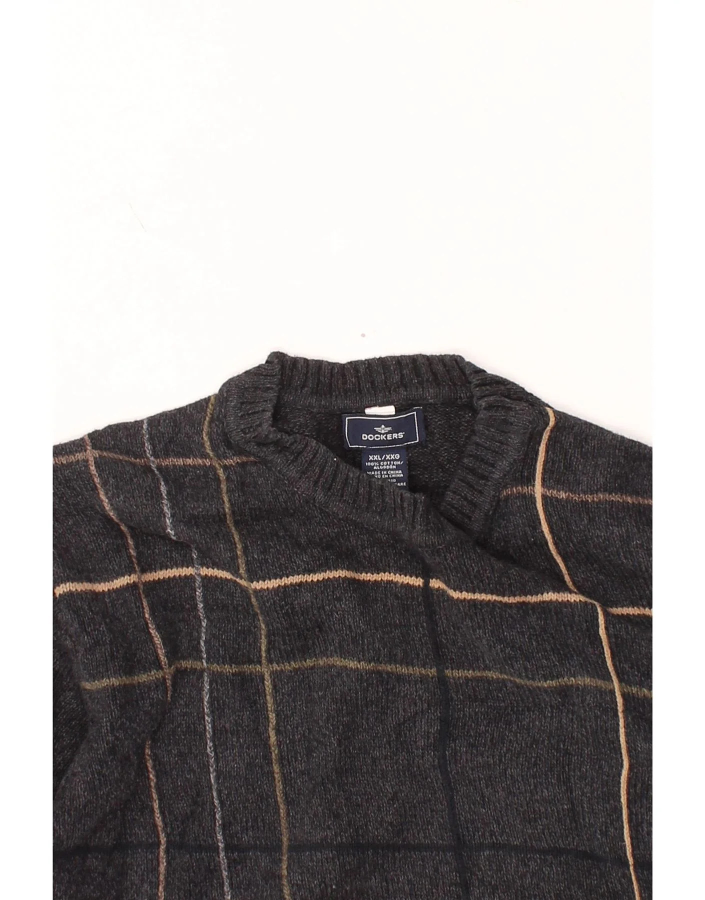 DOCKERS Mens Crew Neck Jumper Sweater 2XL Grey Check Cotton - Image 3