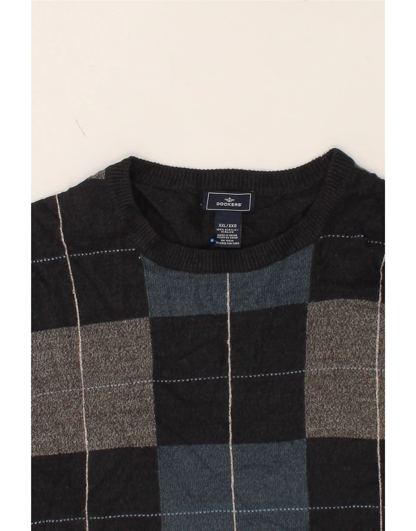 DOCKERS Mens Crew Neck Jumper Sweater 2XL Grey Patchwork Acrylic - Image 3