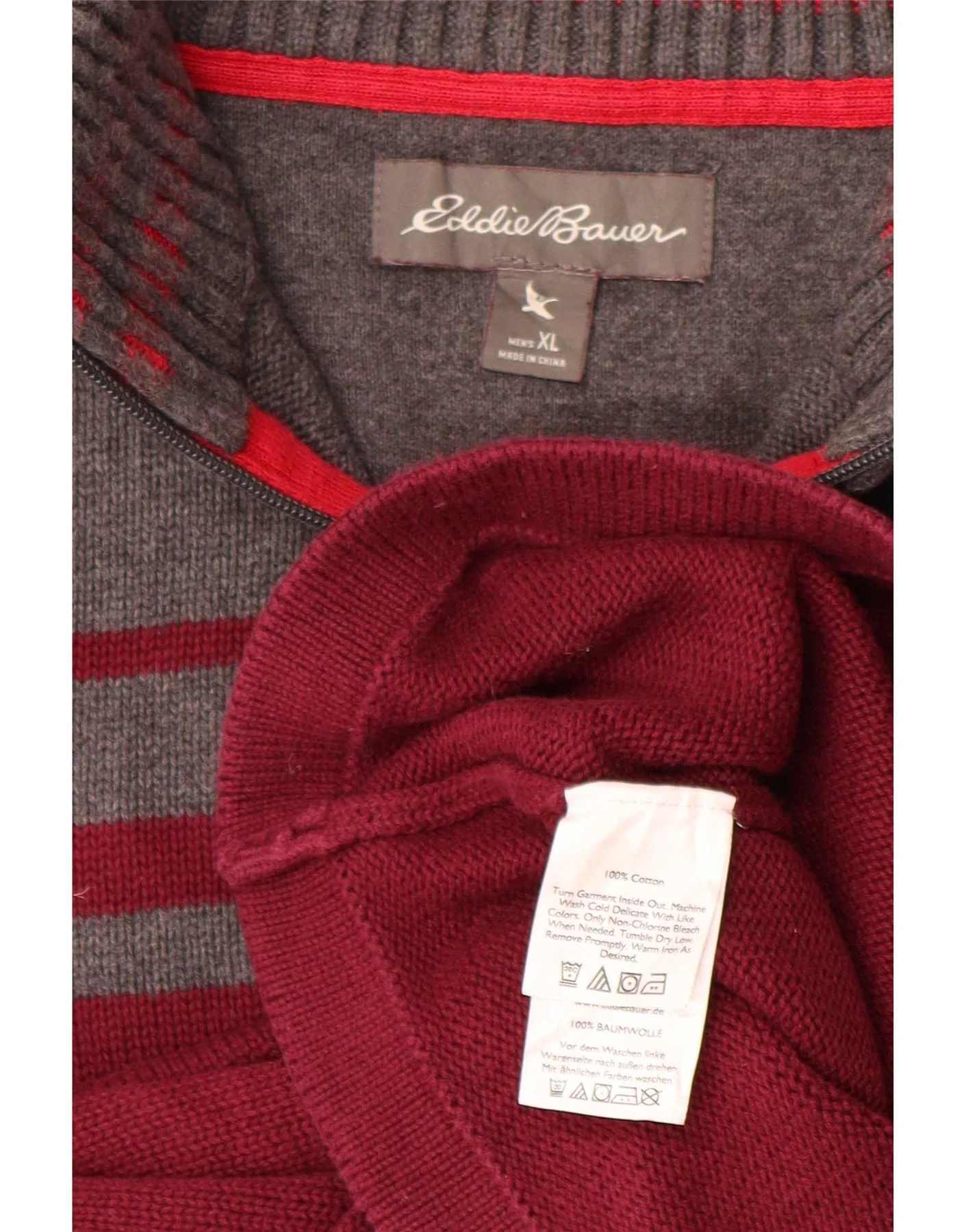 Eddie Bauer Mens Zip Neck Jumper Sweater XL Maroon Colourblock Cotton - Image 3