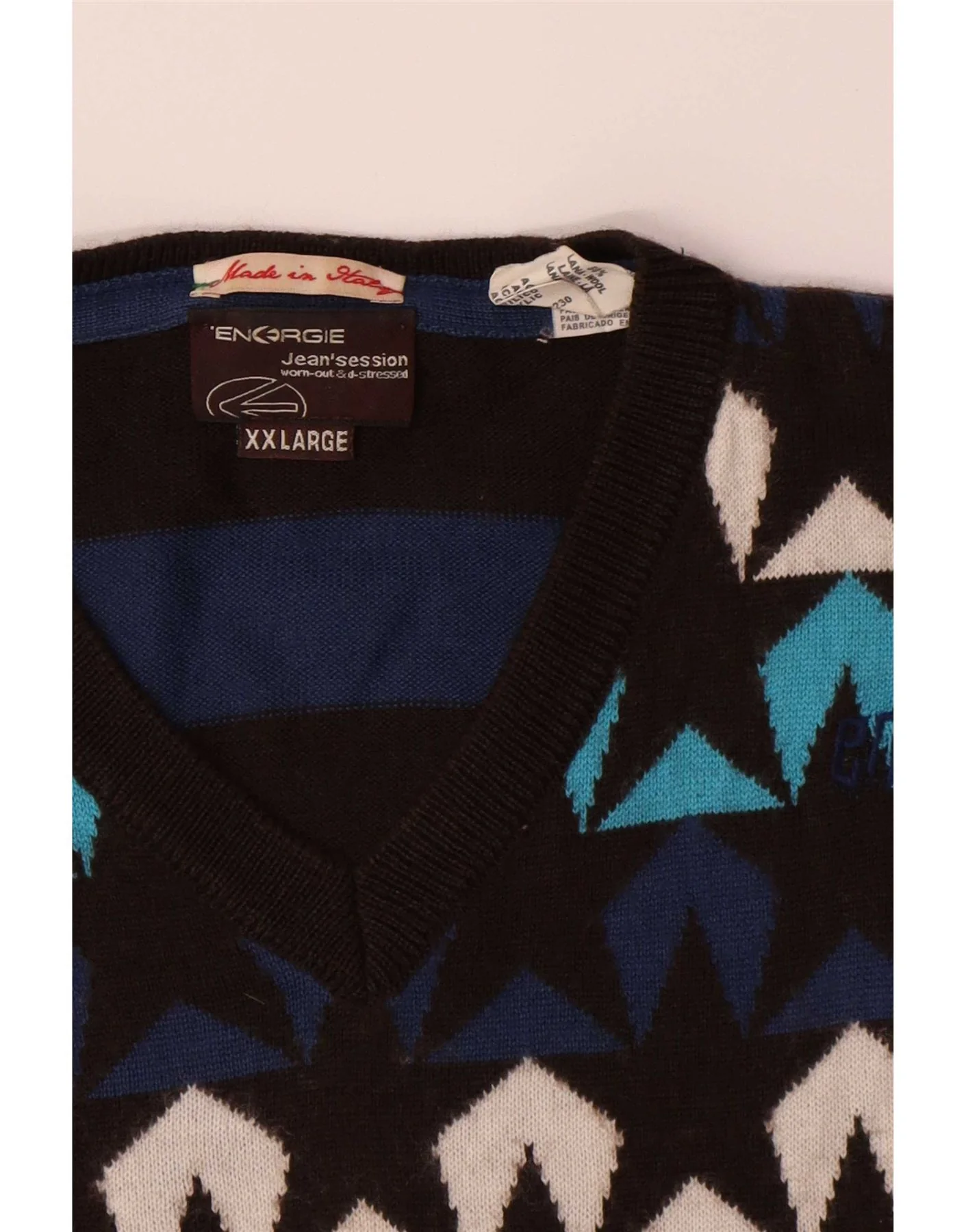 Energie Mens Abstract Pattern V-Neck Jumper Sweater 2XL Multicoloured Wool - Image 3