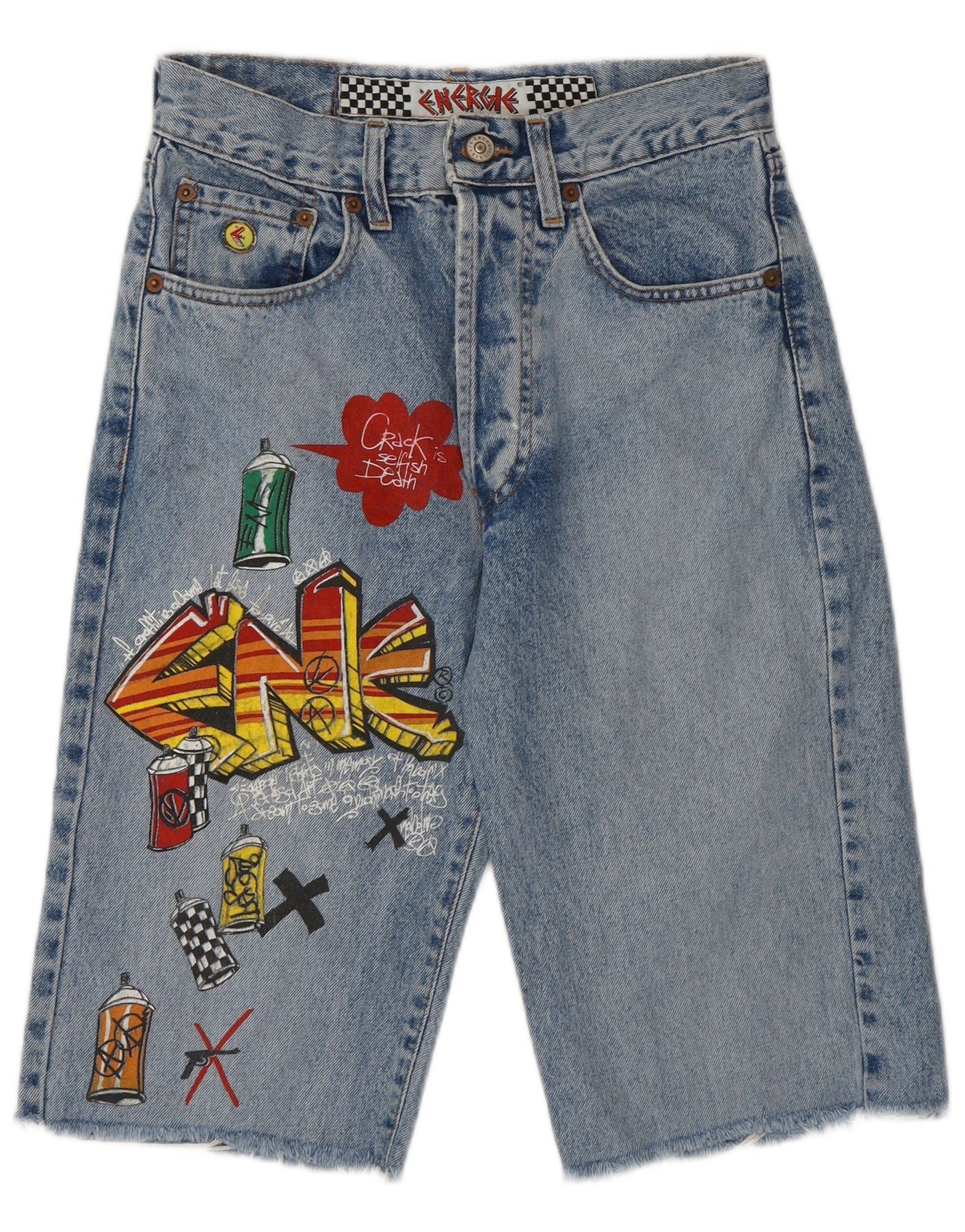 Energie Womens Graffiti Graphic Bermuda Denim Shorts W28 Medium Blue
