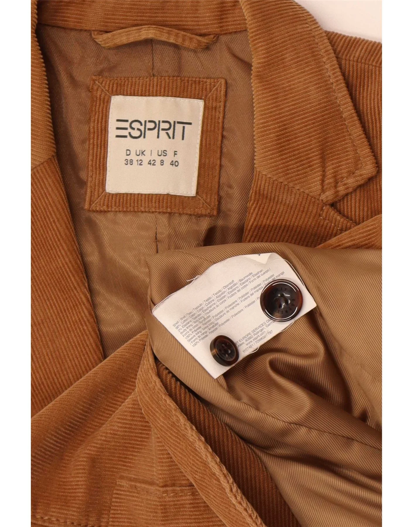 Esprit Womens 2 Button Corduroy Blazer Jacket UK 12 Medium Brown Cotton - Image 4