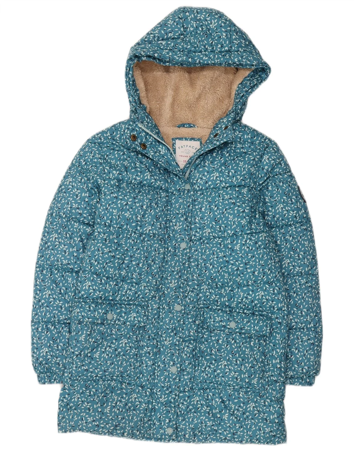 Fat Face Girls Hooded Sherpa Padded Coat 11-12 Years Blue Floral Polyester