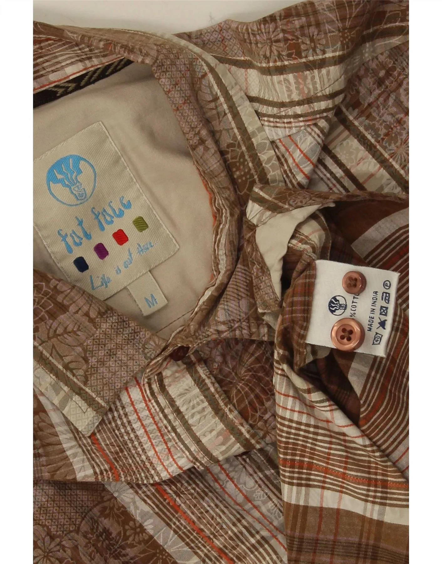 Fat Face Mens Short Sleeve Shirt Medium Brown Check Cotton - Image 3