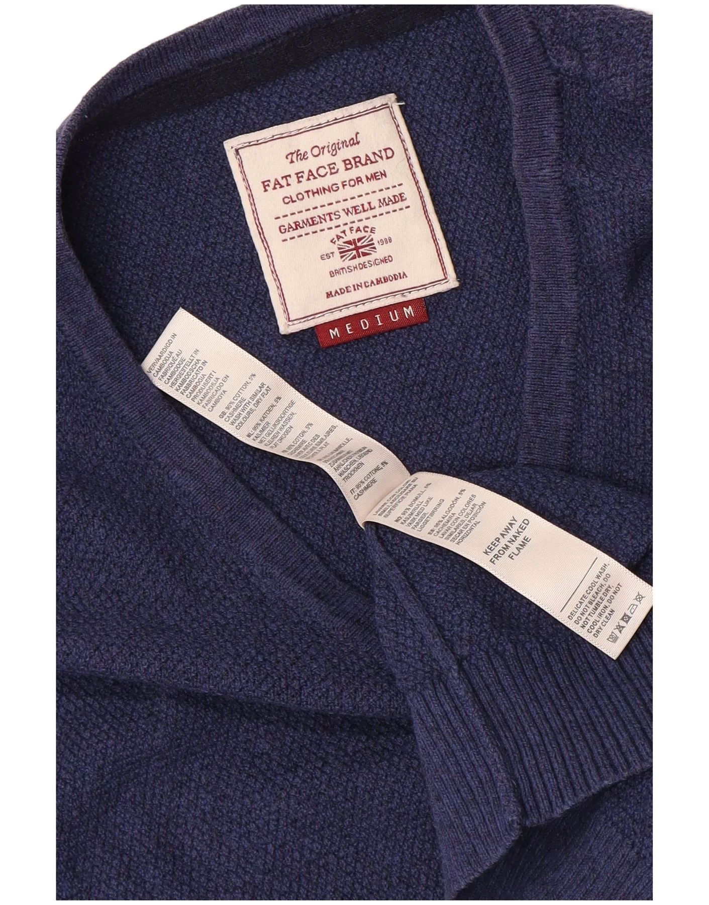 Fat Face Mens V-Neck Jumper Sweater Medium Blue Cotton - Image 3