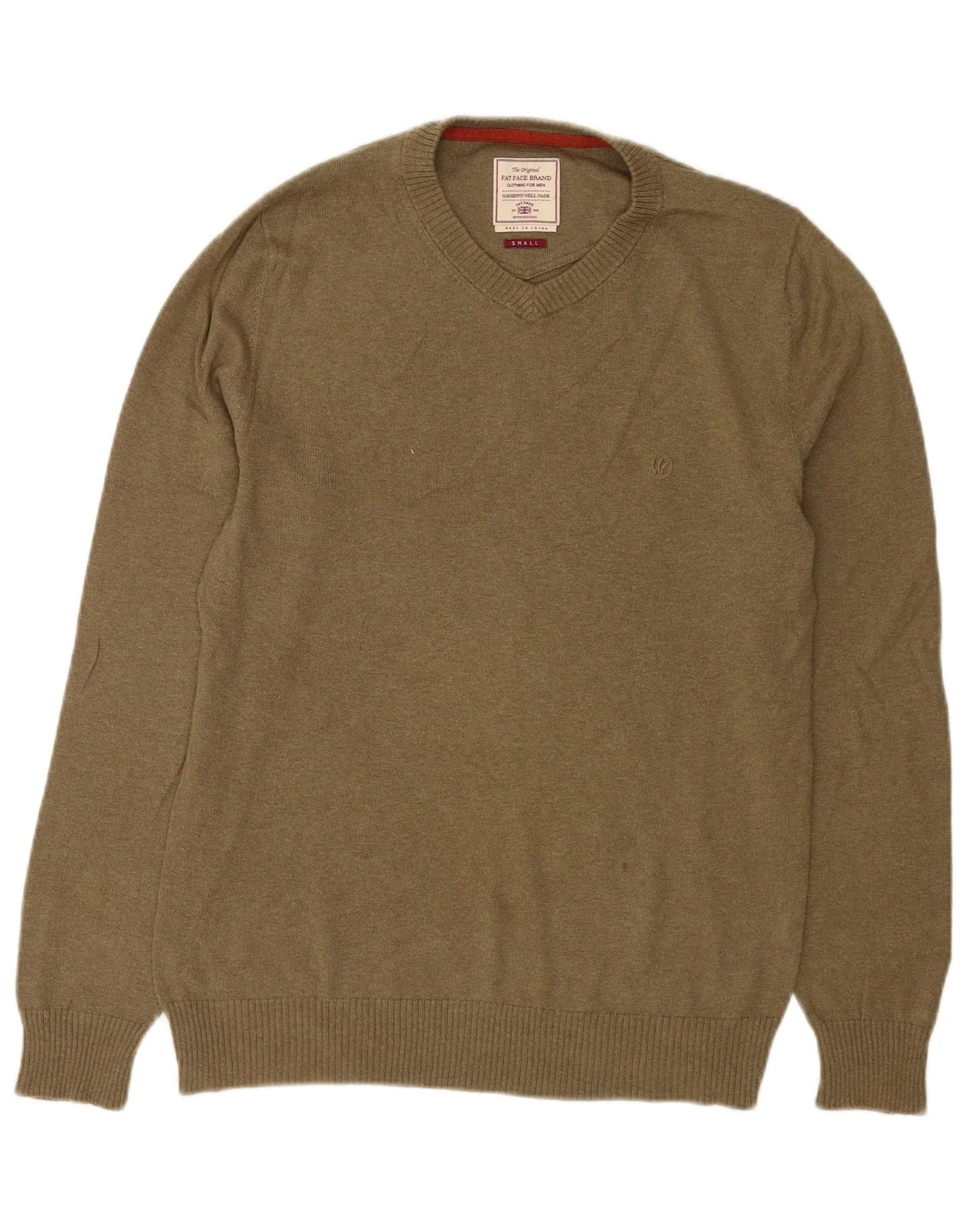 Fat Face Mens V-Neck Jumper Sweater Small Khaki Cotton