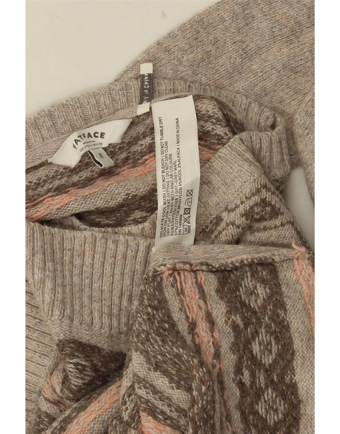 Fat Face Womens Boat Neck Jumper Sweater UK 8 Small Grey Fair Isle Cotton - Image 4