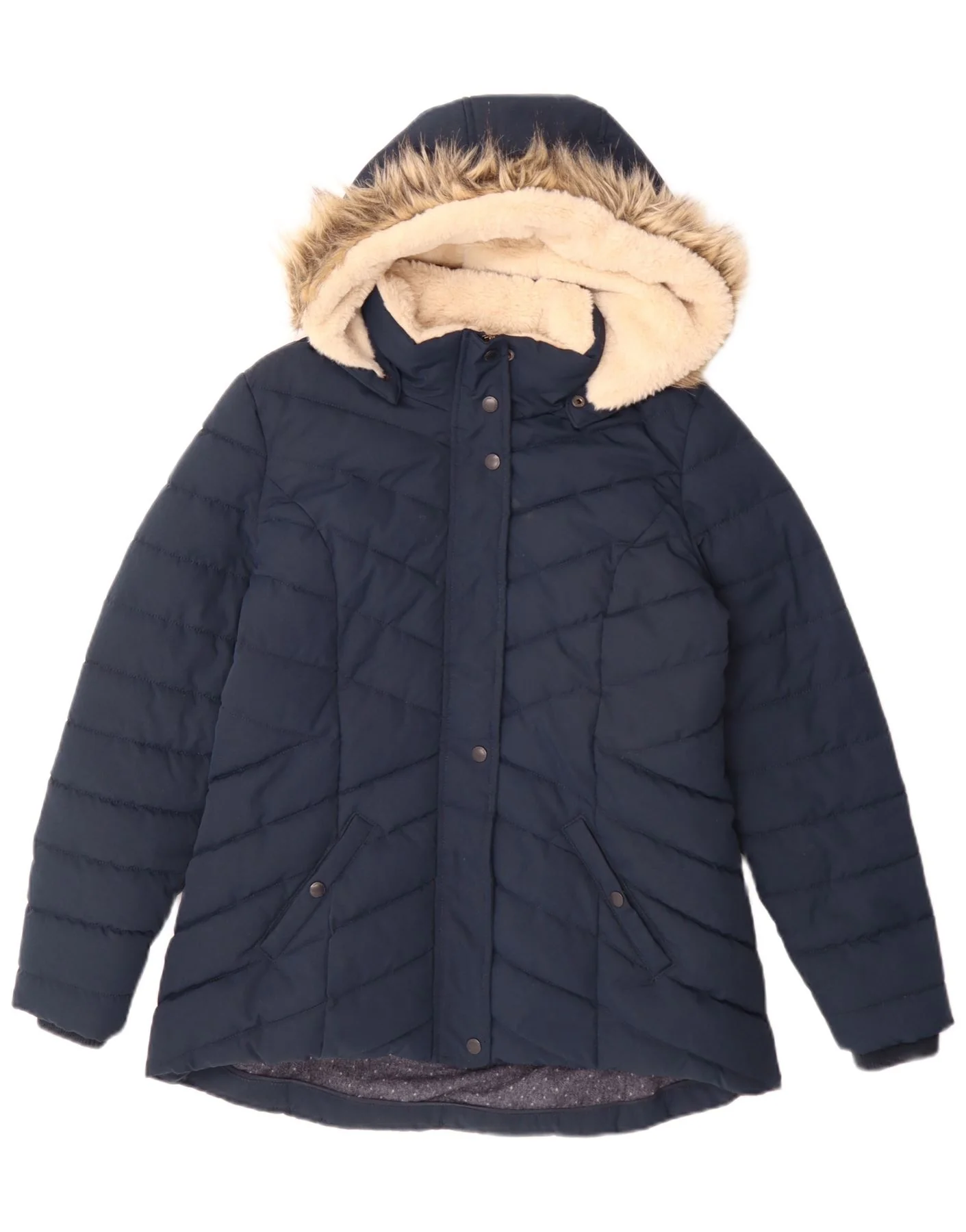 Fat Face Womens Hooded Padded Jacket UK 14 Large Navy Blue Polyester
