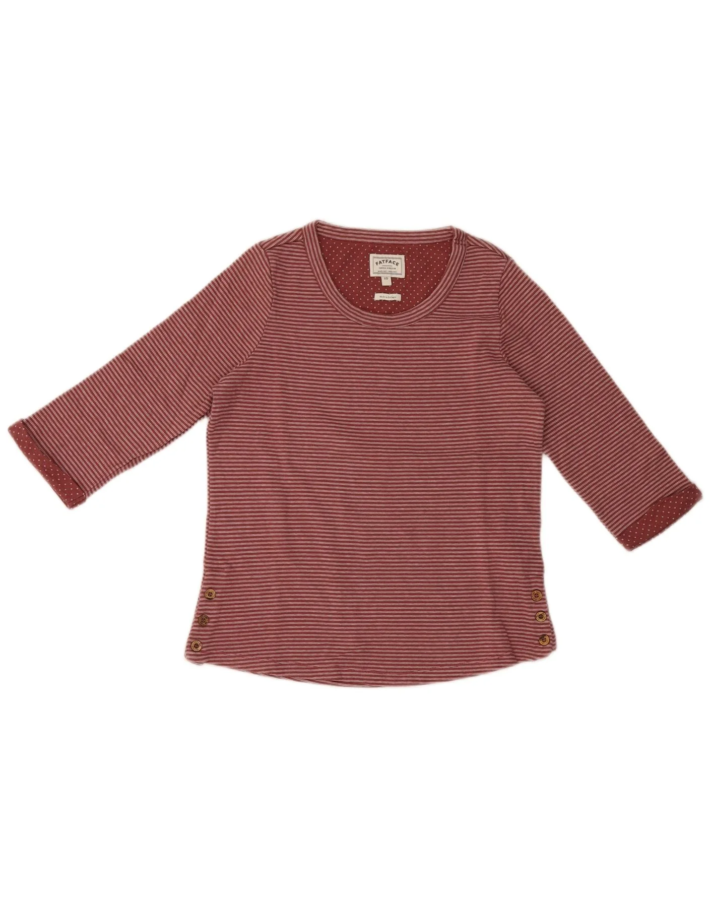 Fat Face Womens Top 3/4 Sleeve UK 10 Small Red Pinstripe Cotton