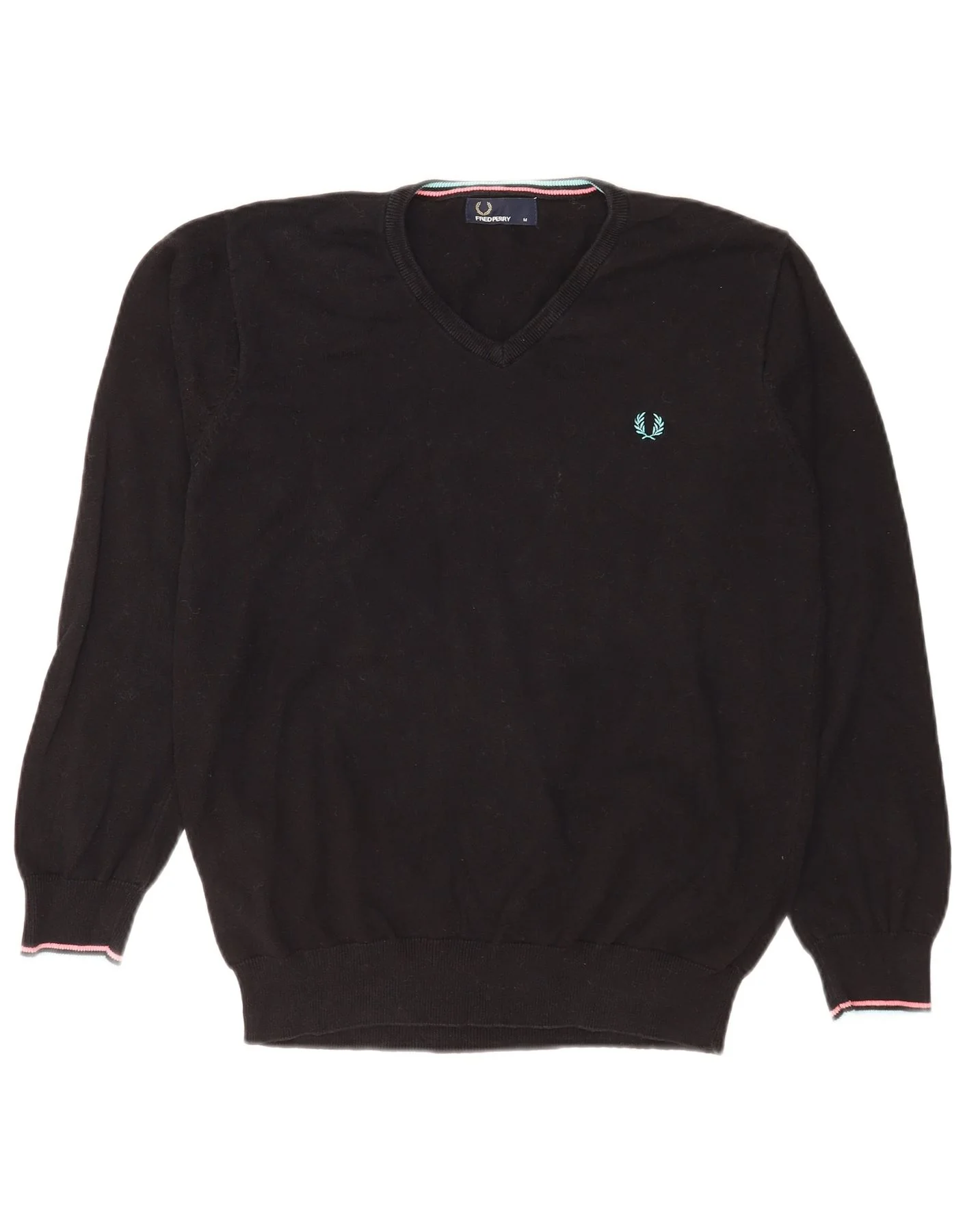 Fred Perry Mens V-Neck Jumper Sweater Medium Black Cotton