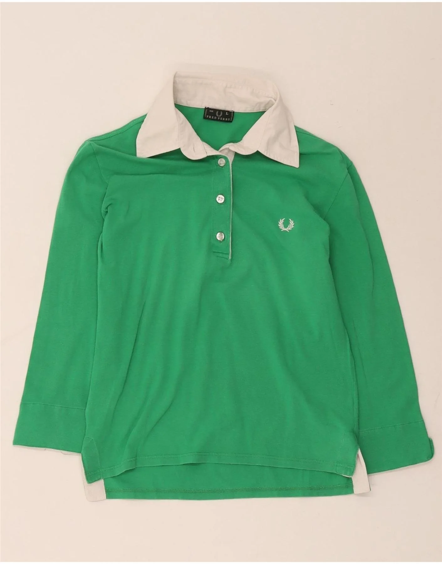 Fred Perry Womens 3/4 Sleeve Polo Shirt UK 14 Large Green Colourblock