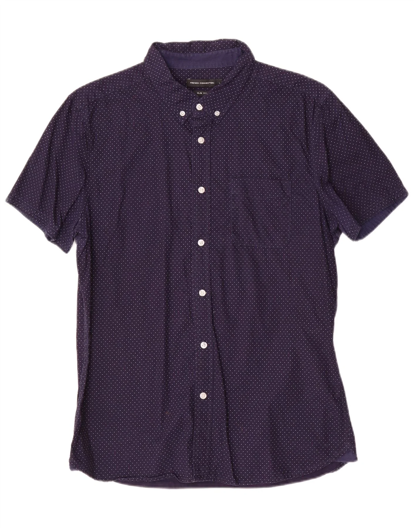 French Connection Mens Slim Fit Shirt Large Navy Blue Spotted Cotton