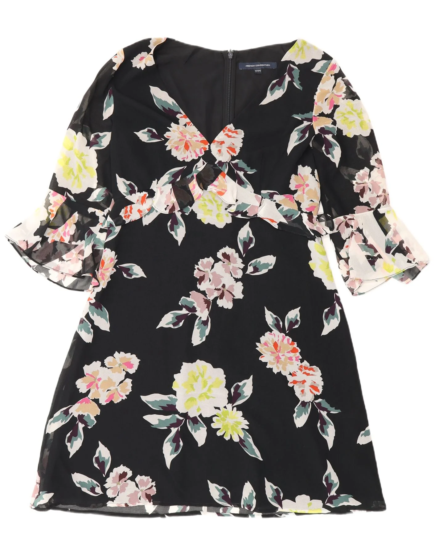French Connection Womens 3/4 Sleeve Empire Dress UK 12 Medium Black Floral