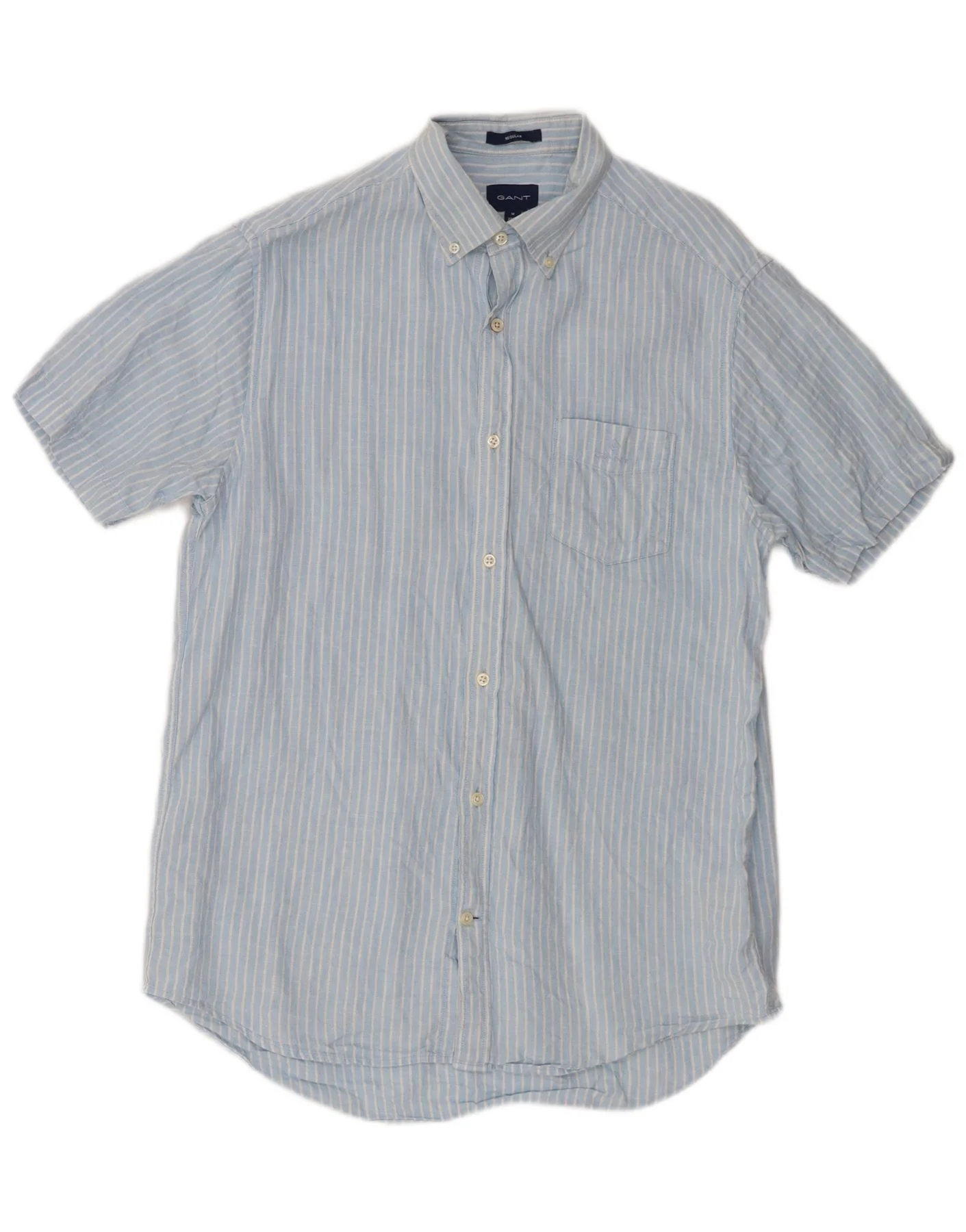 Gant Mens Short Sleeve Shirt Size 39/40 15 3/4 Medium Blue Pinstripe Linen