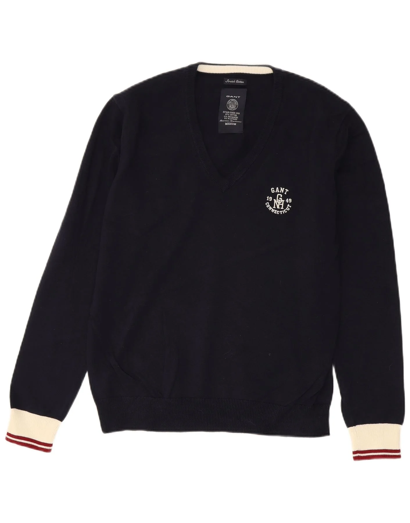 Gant Mens V-Neck Jumper Sweater Medium Navy Blue Colourblock Cotton