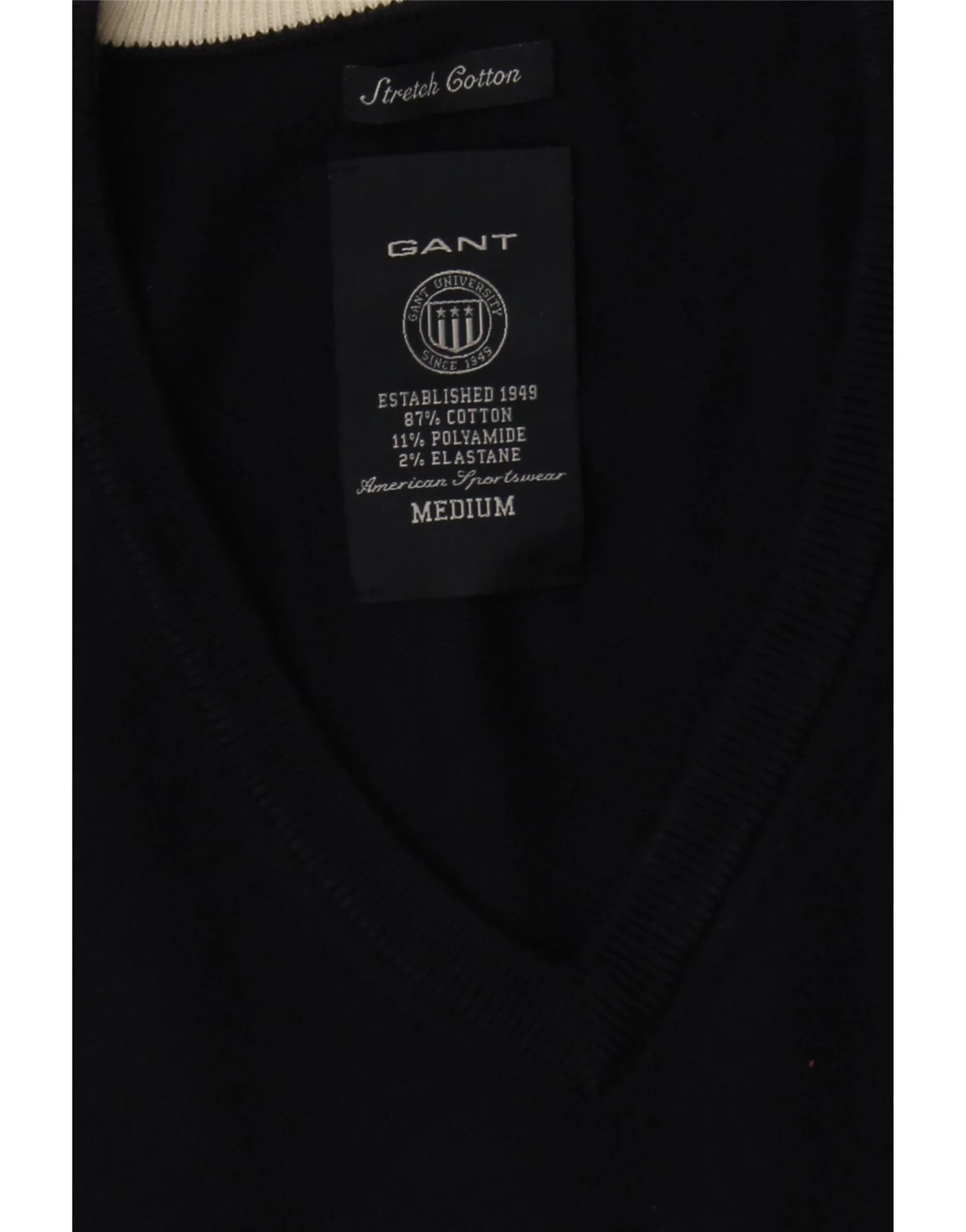 Gant Mens V-Neck Jumper Sweater Medium Navy Blue Colourblock Cotton - Image 3