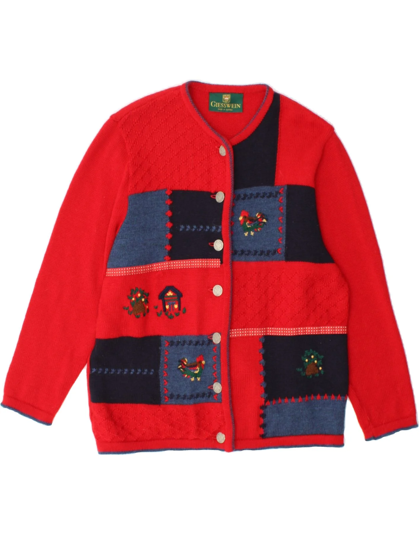 GIESSWEIN Womens Cardigan Sweater UK 12 Medium Red Patchwork Virgin Wool