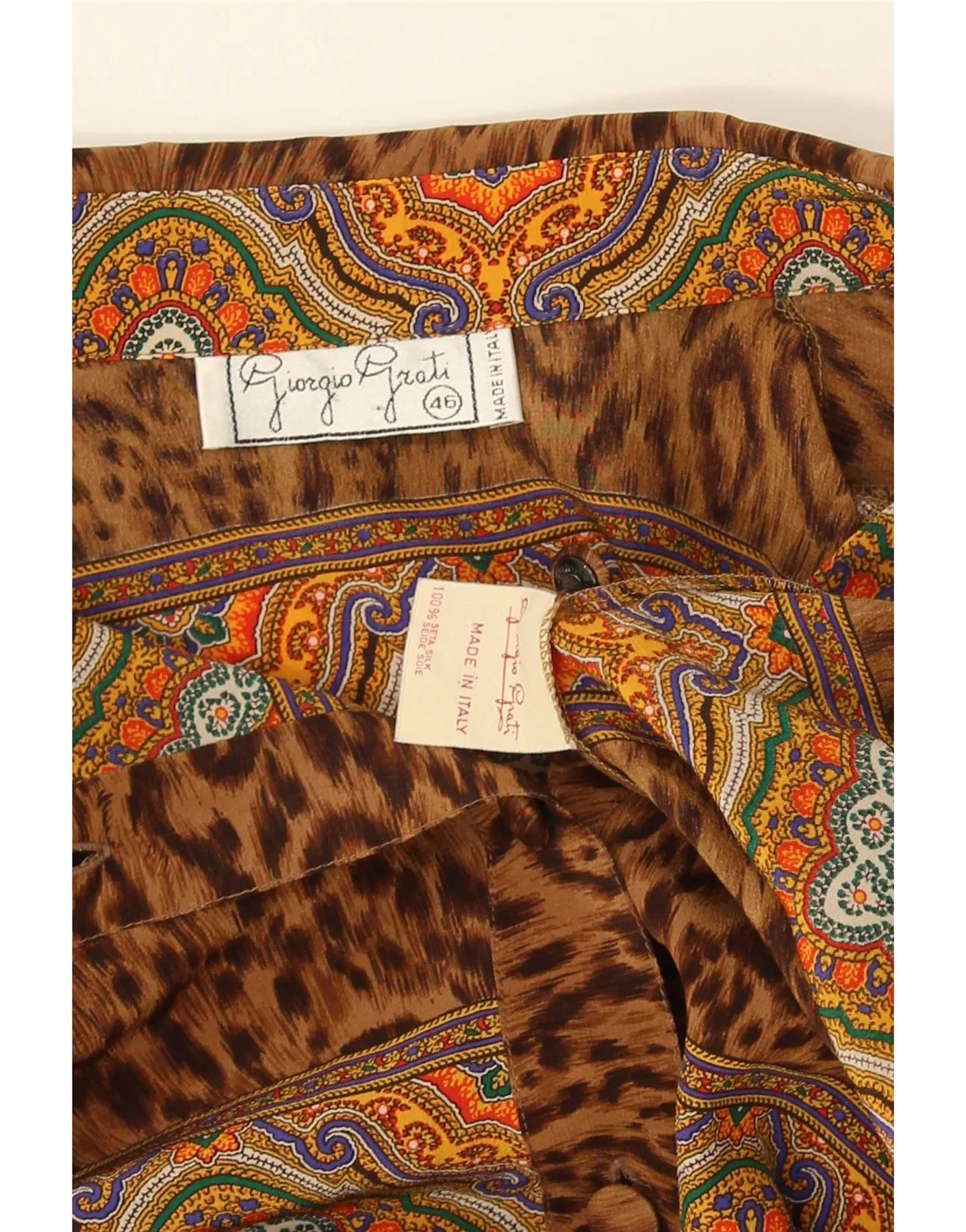 Giorgio Grati Womens Shirt Blouse IT 46 Large Brown Animal Print Silk - Image 3