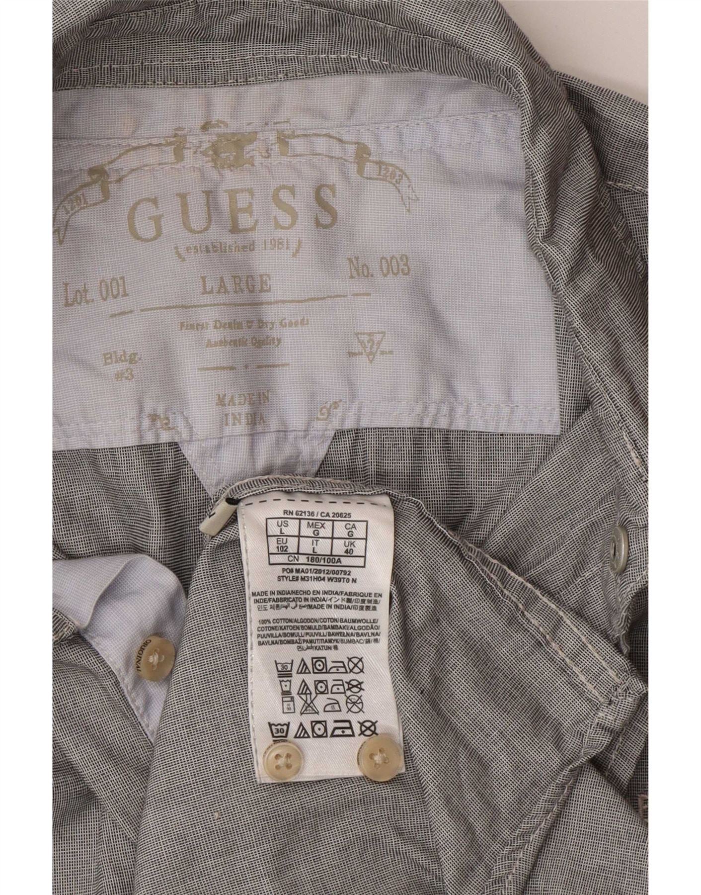 Guess Mens Regular Fit Shirt UK 40 Large Grey Check Cotton - Image 3