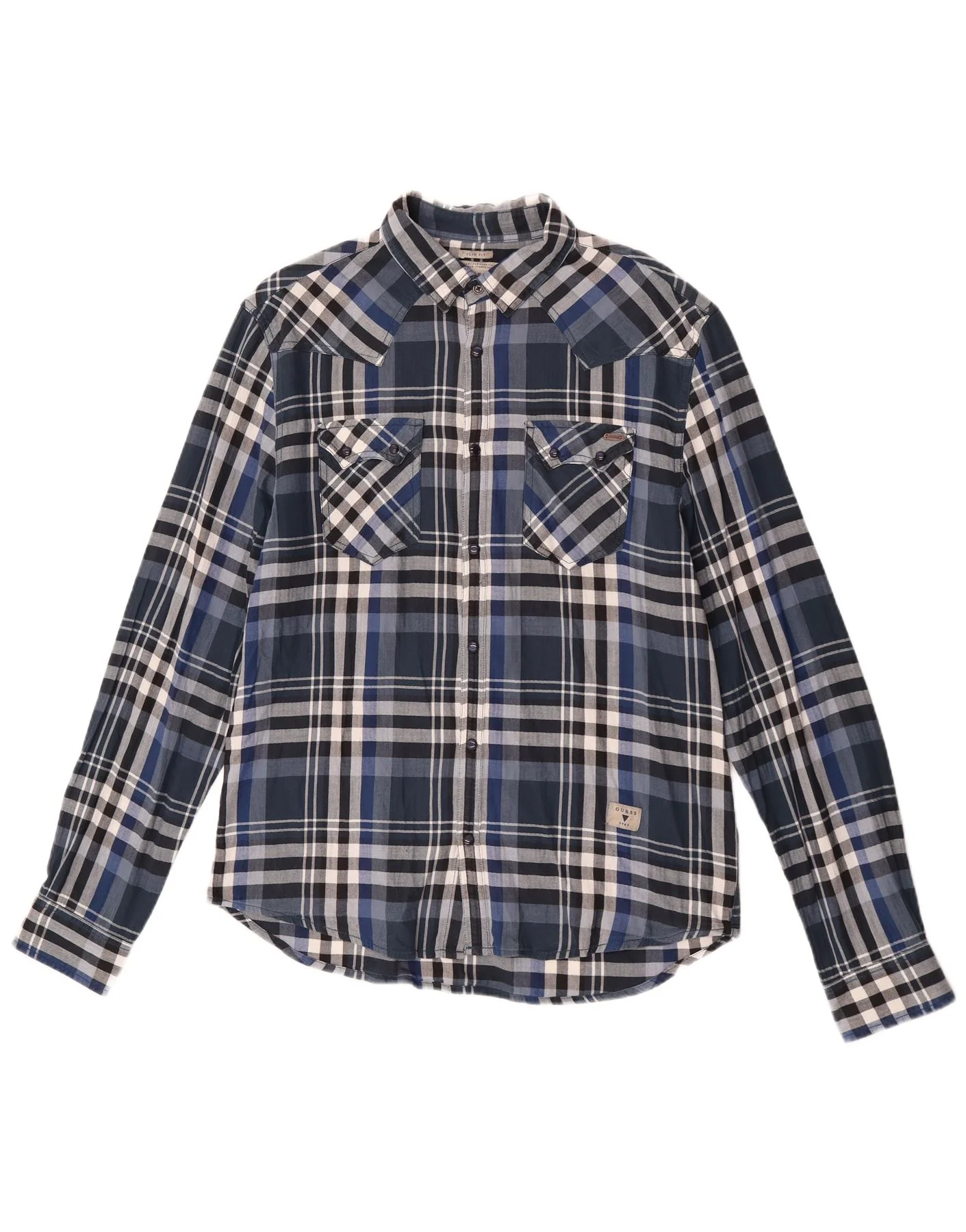 Guess Mens Slim Fit Flannel Shirt UK 40 Medium Navy Blue Plaid Cotton