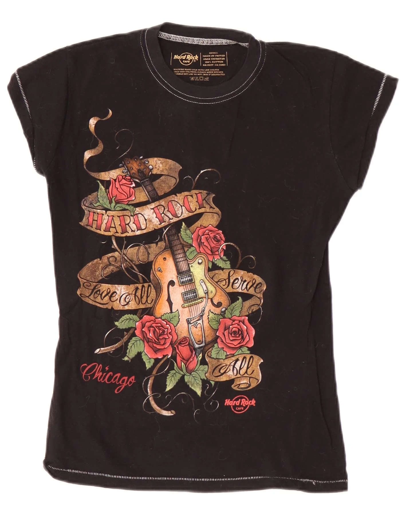Hard Rock Cafe Womens Chicago Graphic T-Shirt Top UK 8 Small Black Cotton