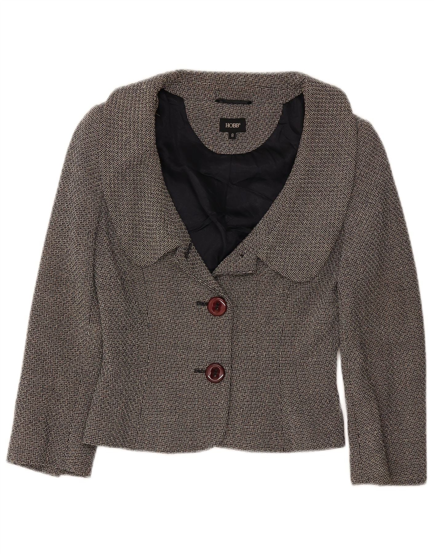 Hobbs Womens 2 Button Crop Blazer Jacket UK 8 Small Black Flecked Wool
