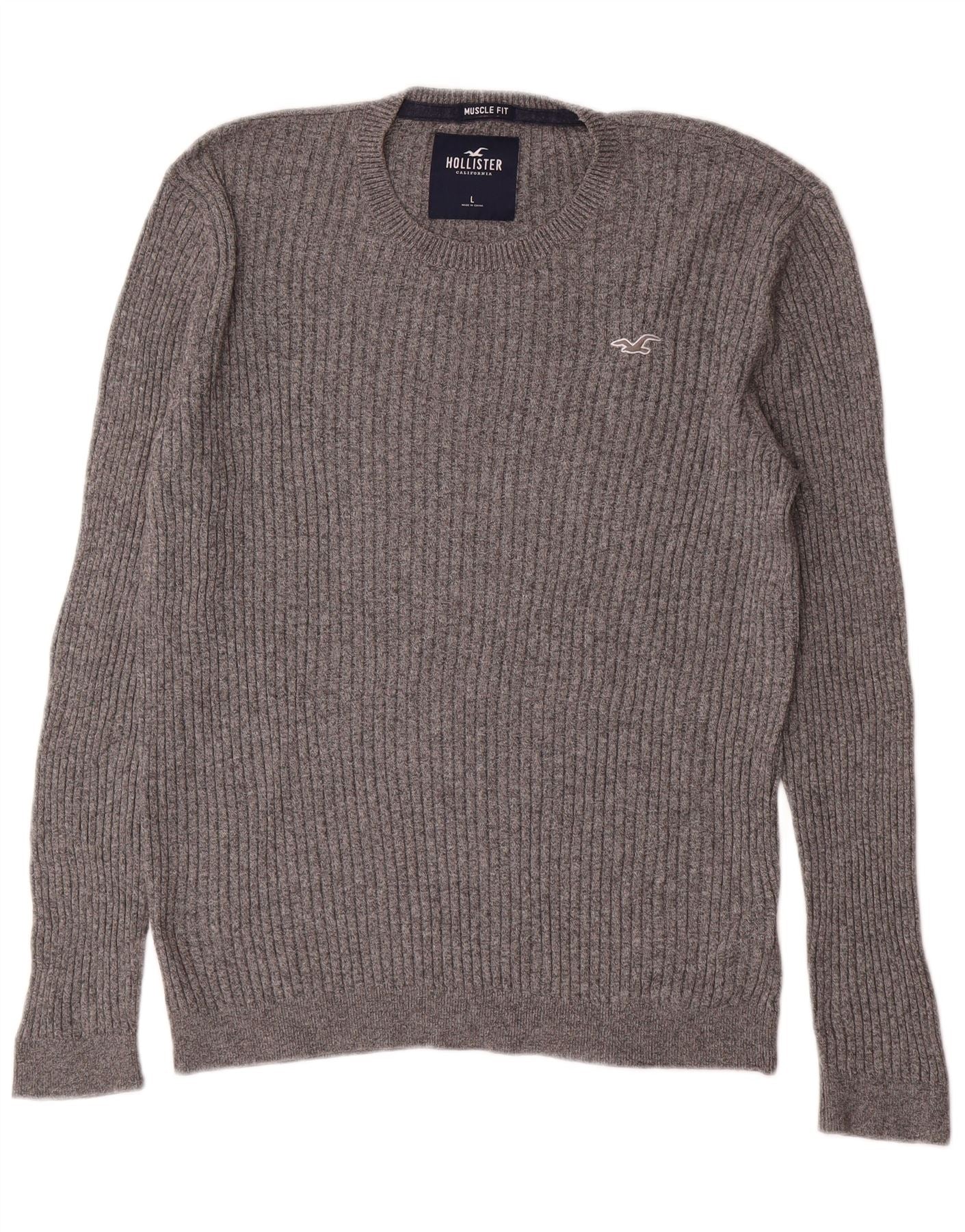 Hollister Mens Muscle Crew Neck Jumper Sweater Large Grey Cotton