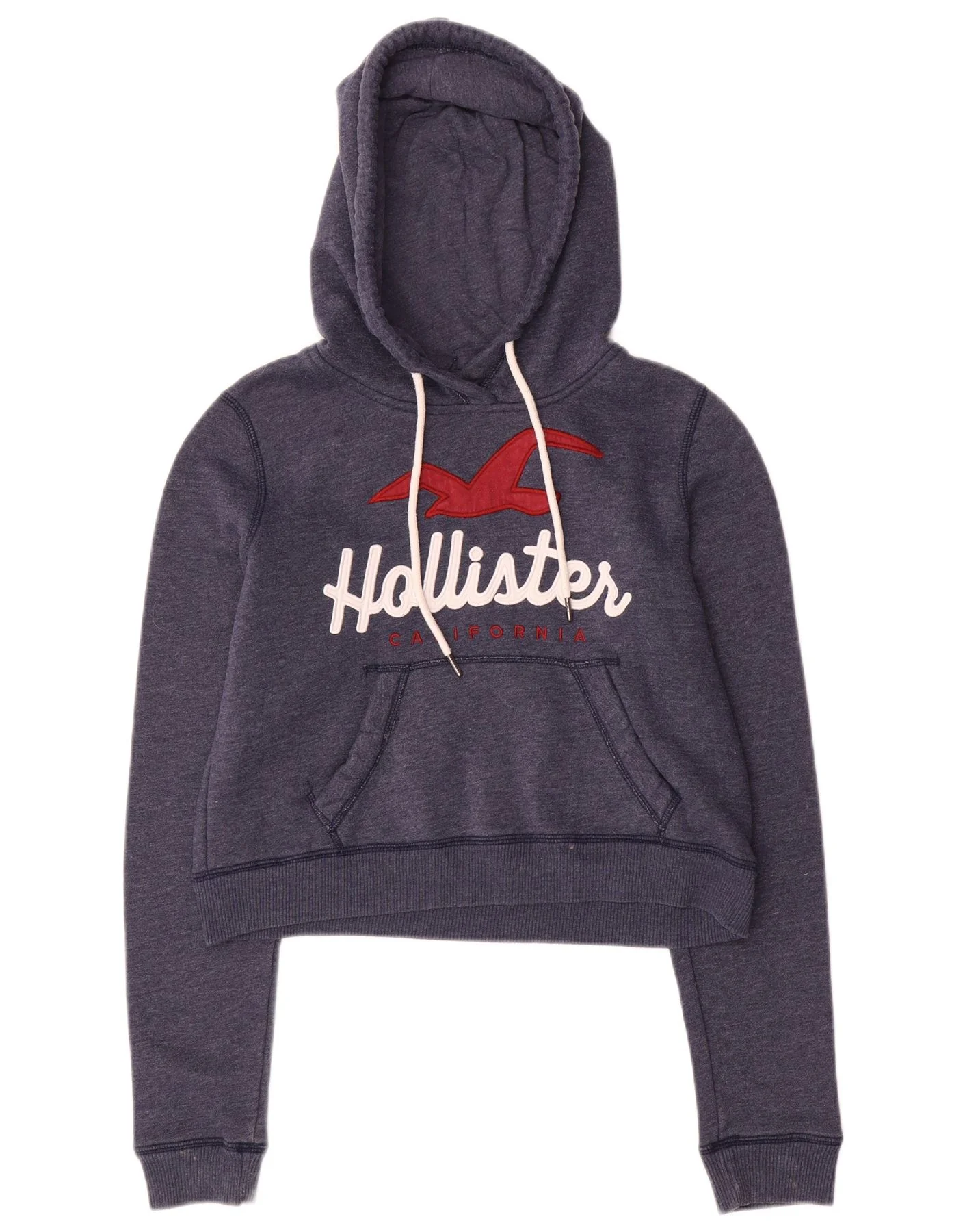 Hollister Womens Graphic Crop Hoodie Jumper UK 6 XS Navy Blue Cotton