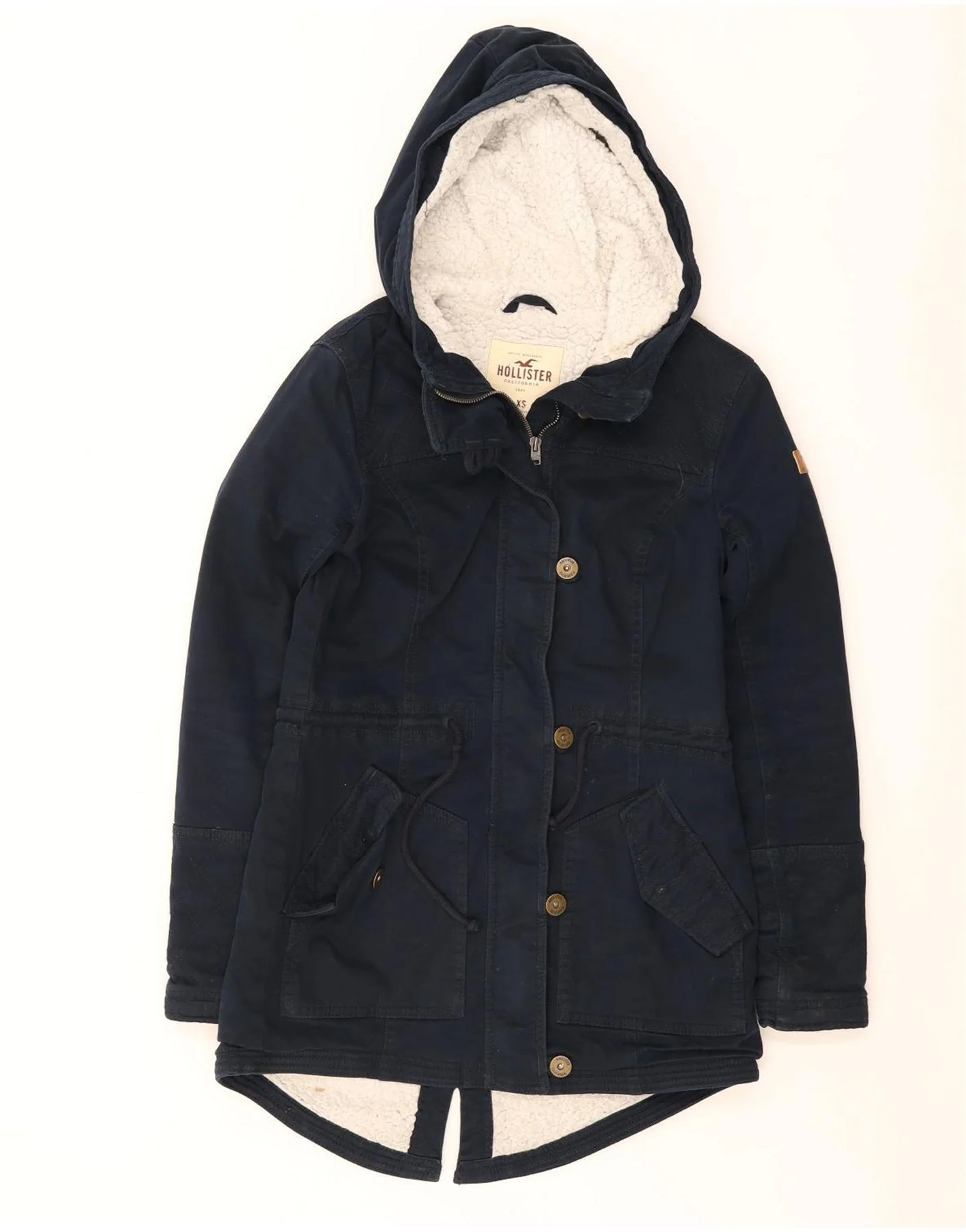 Hollister Womens Hooded Sherpa Parka Jacket UK 6 XS Navy Blue Cotton