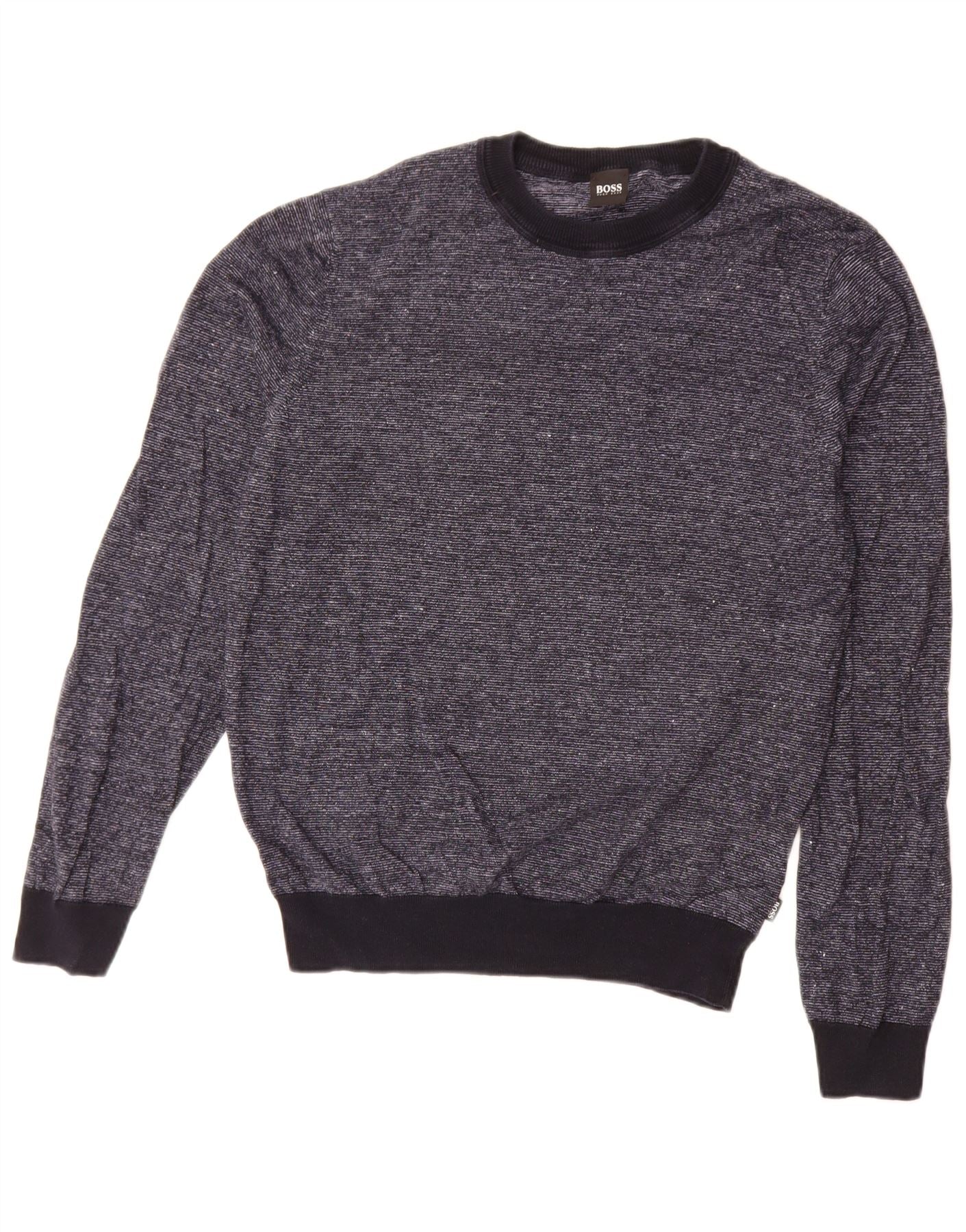 Hugo Boss Mens Boat Neck Jumper Sweater Medium Navy Blue Pinstripe Cotton