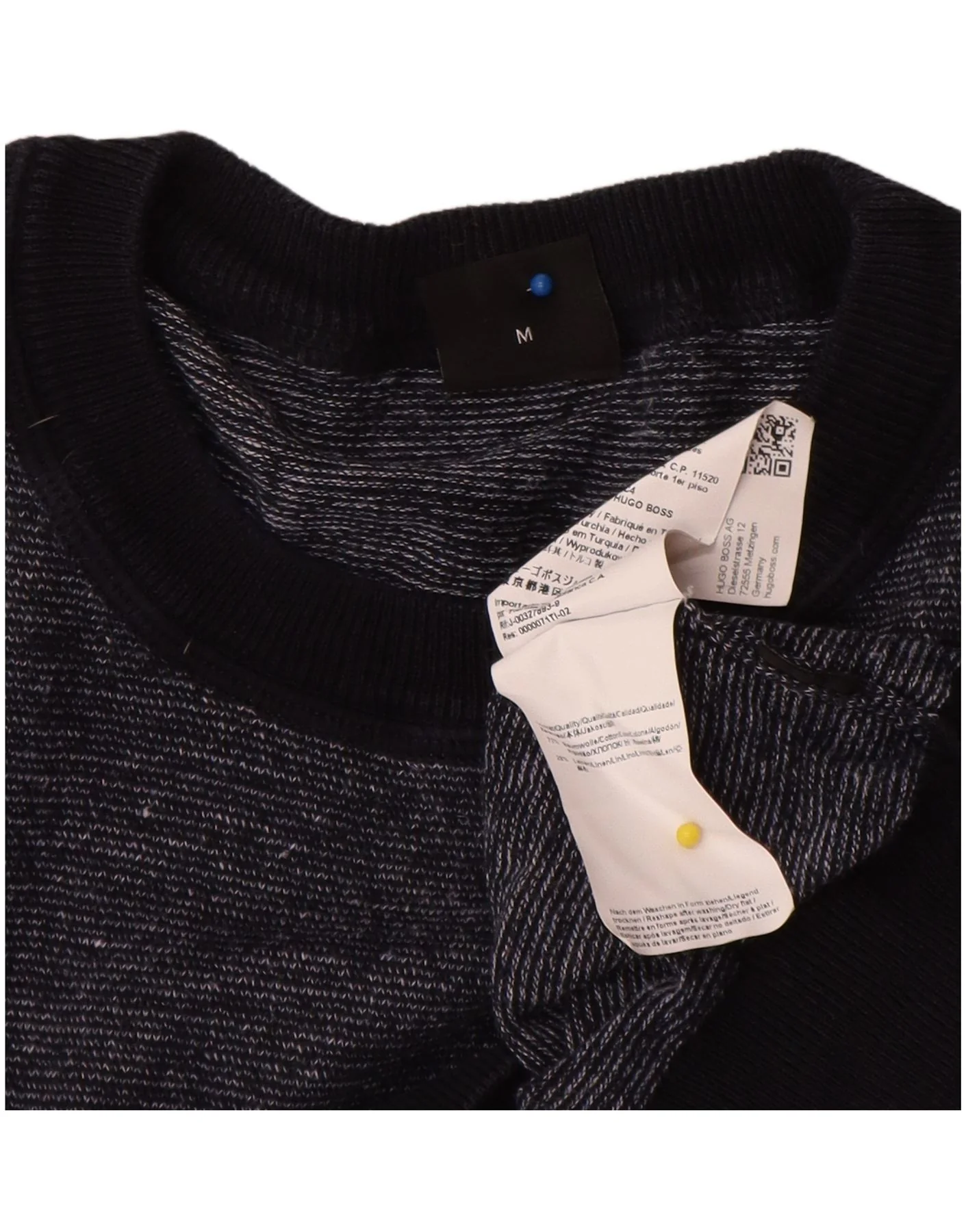 Hugo Boss Mens Boat Neck Jumper Sweater Medium Navy Blue Pinstripe Cotton - Image 3