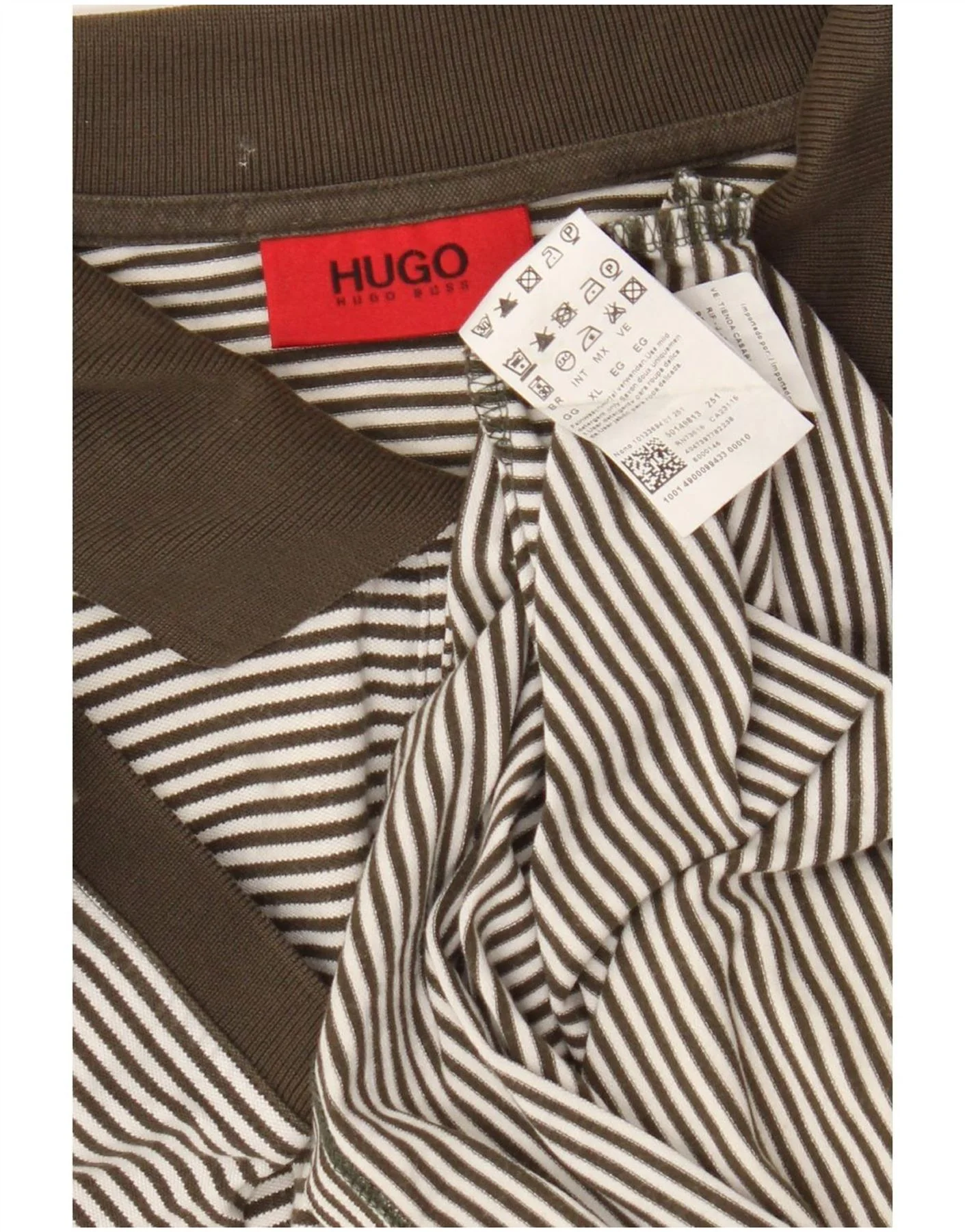 Hugo Boss Mens Polo Shirt XL Khaki Pinstripe Cotton - Image 4