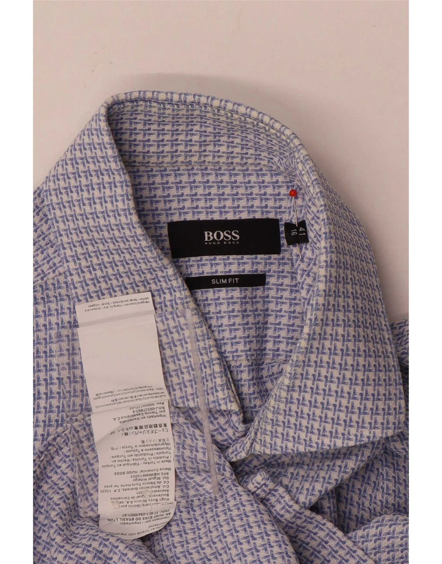 Hugo Boss Mens Slim Fit Shirt UK 41 16 Large Blue Geometric Cotton - Image 3