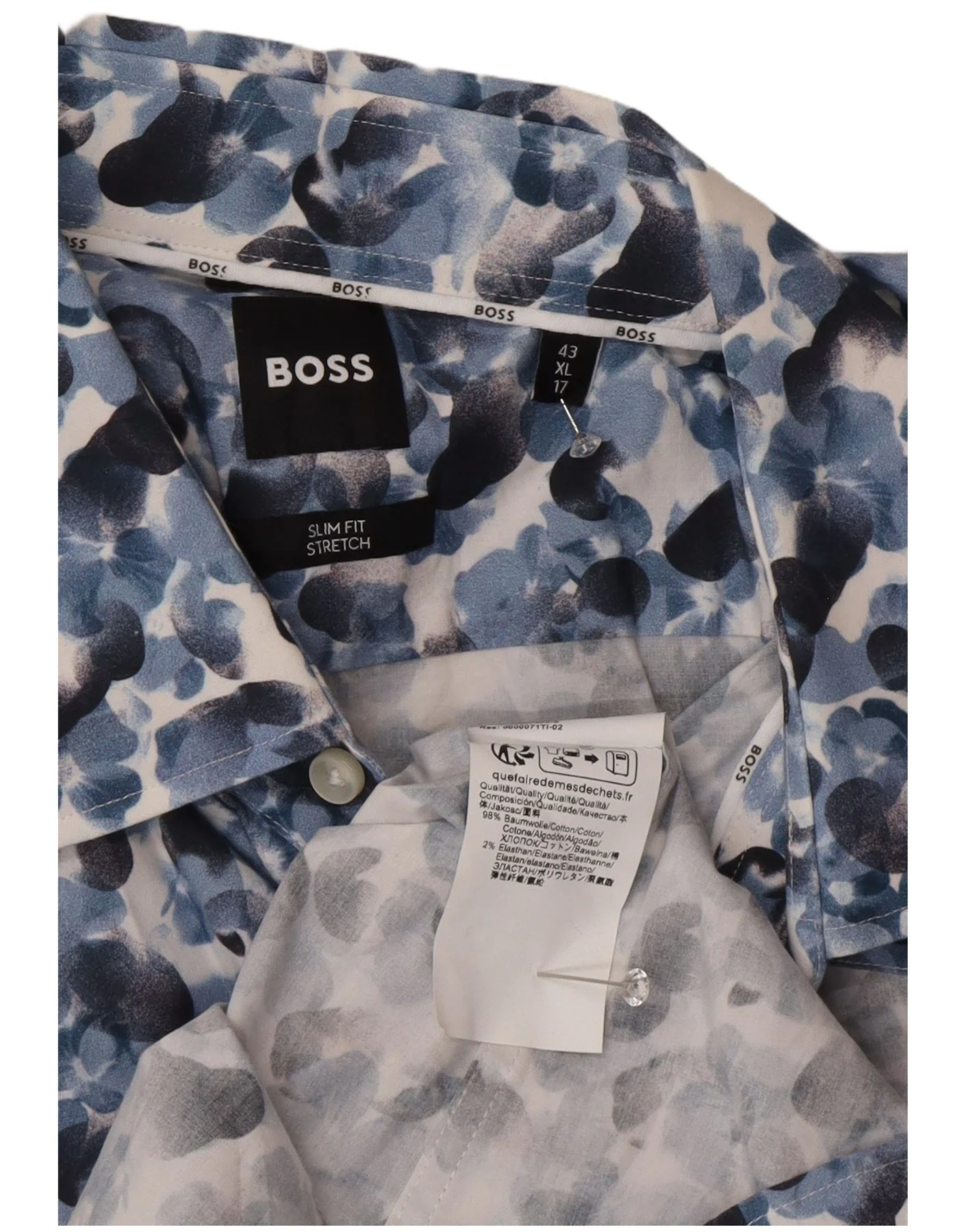 Hugo Boss Mens Stretch Short Sleeve Shirt Size 43 17 XL Blue Floral - Image 3