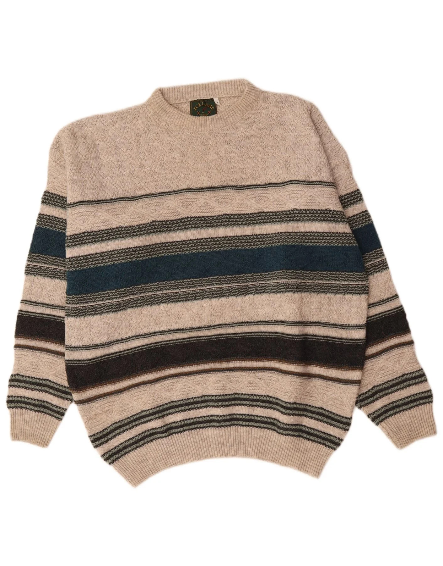 Iceland Mens Crew Neck Jumper Sweater Large Beige Striped Wool