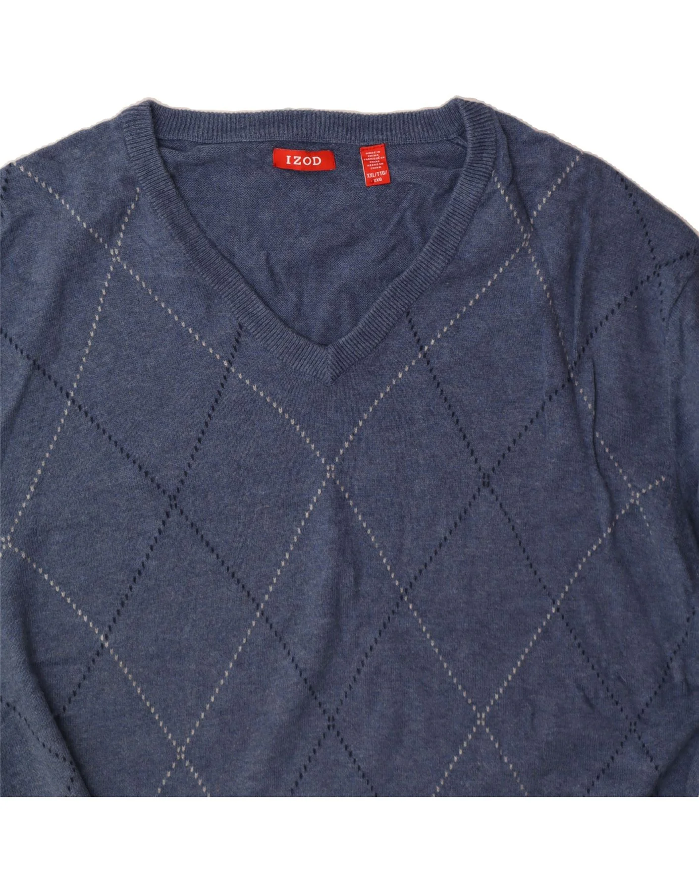 IZOD Mens V-Neck Jumper Sweater 2XL Blue Argyle/Diamond Cotton - Image 3