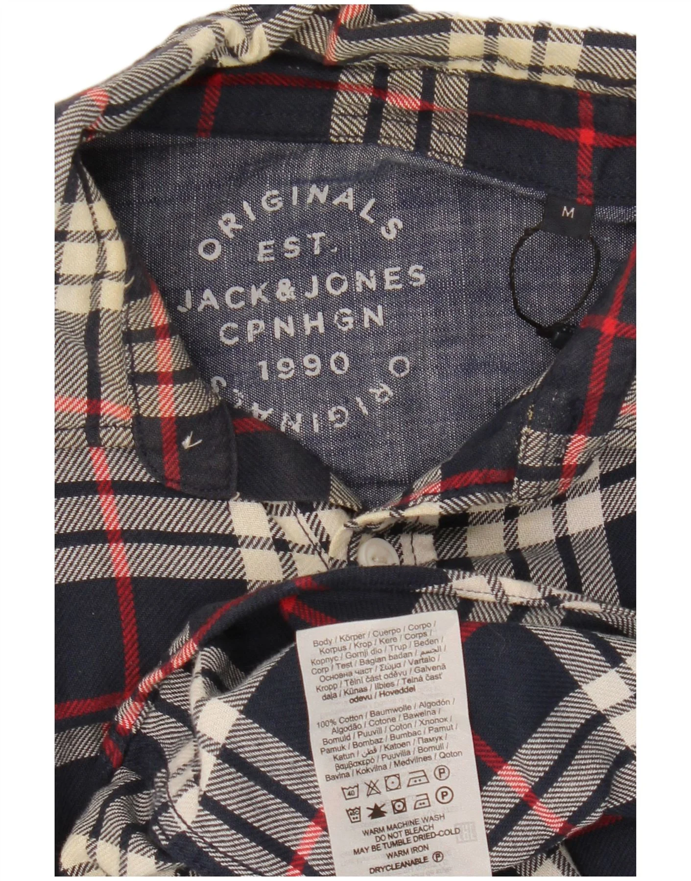 Jack & Jones Mens Flannel Shirt Medium Navy Blue Check Cotton - Image 3