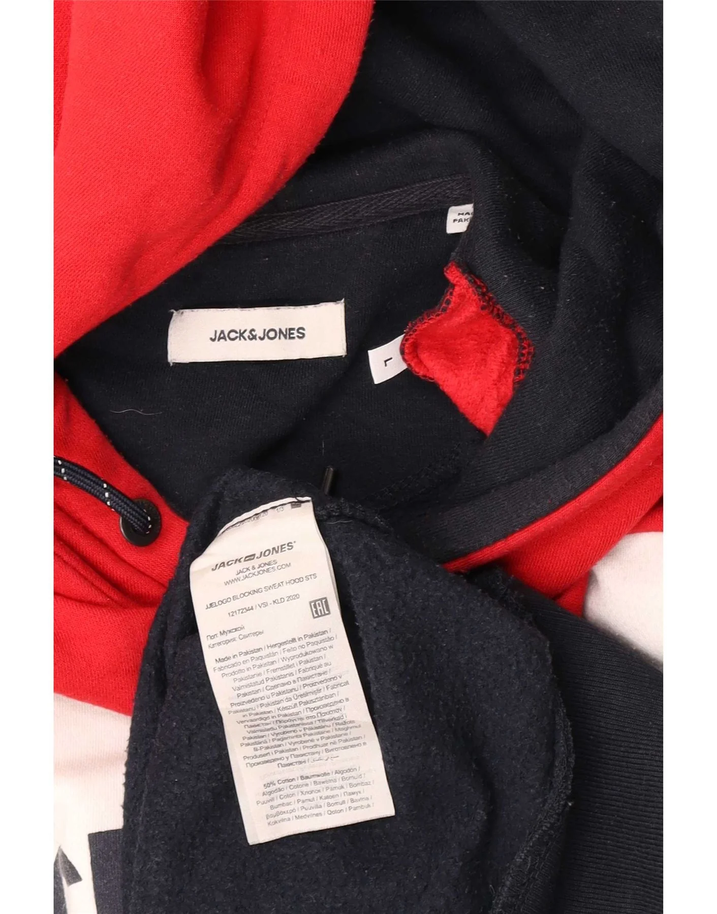 Jack & Jones Mens Graphic Hoodie Jumper Large Red Colourblock Cotton - Image 3