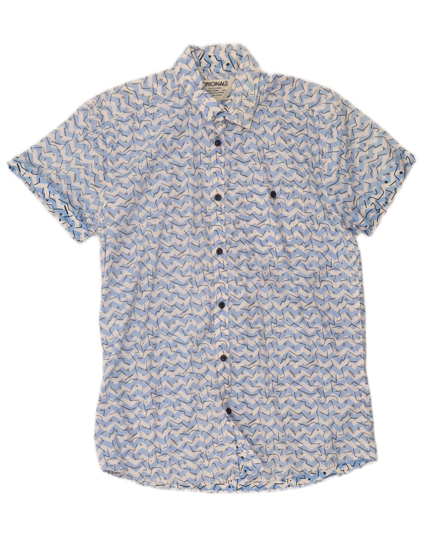 Jack & Jones Mens Short Sleeve Shirt Medium Blue Geometric Cotton
