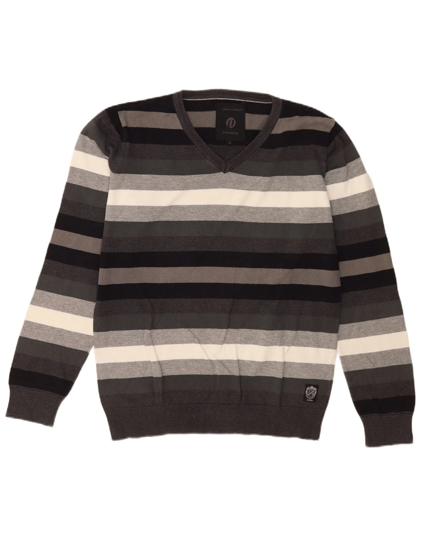 Jack & Jones Mens V-Neck Jumper Sweater Large Grey Striped