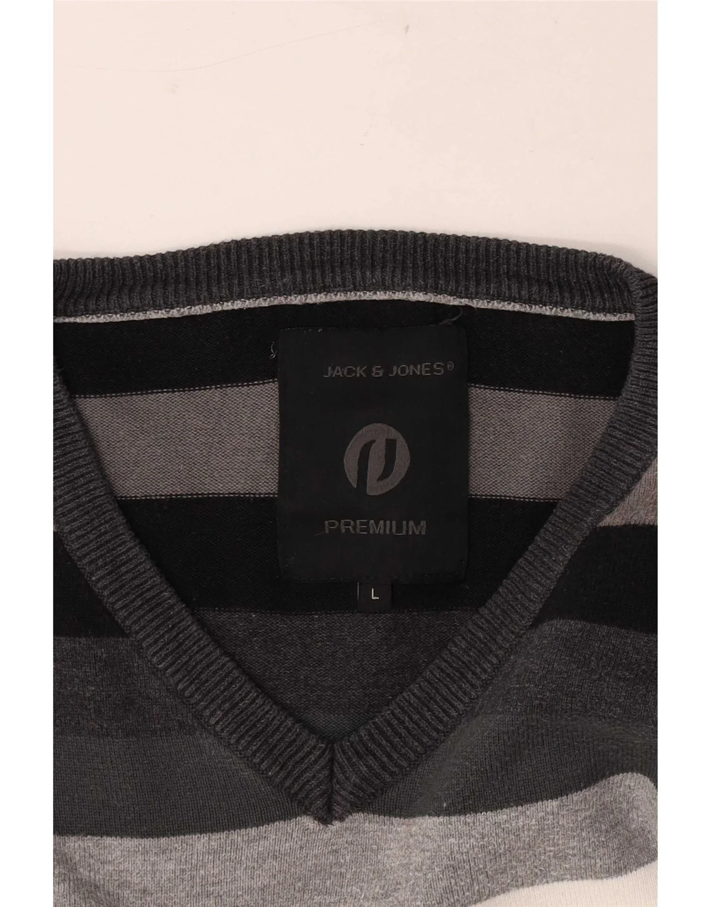 Jack & Jones Mens V-Neck Jumper Sweater Large Grey Striped - Image 4